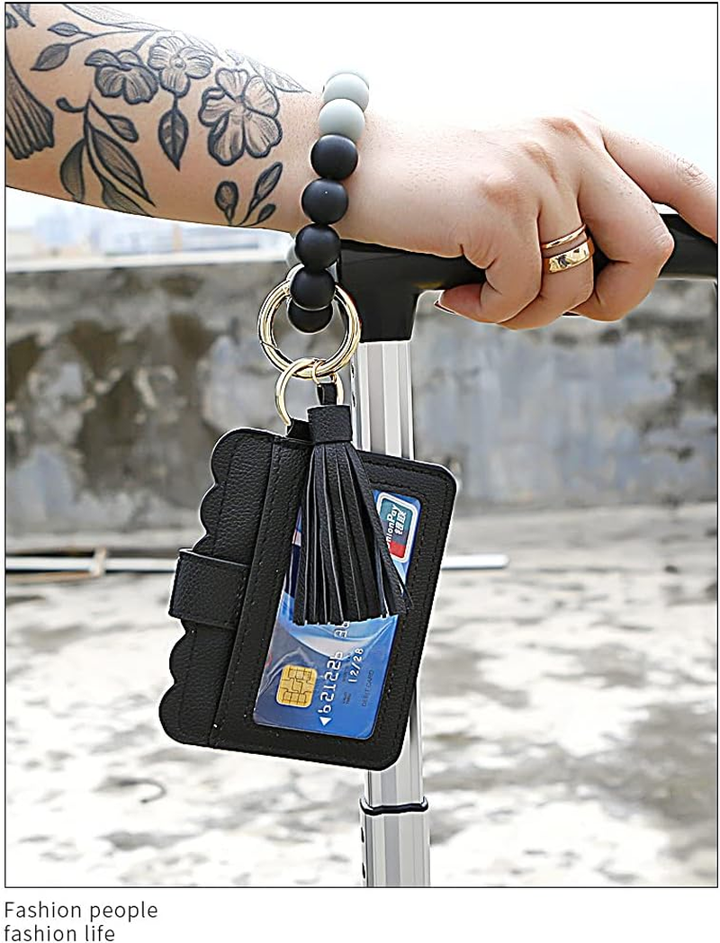 Silicone Beaded Bracelet Leather Keychain Wallet ID Card Holder Keyring Wristlet Bracelet Key Ring Chain Tassel Purse Women Girls Black image number 3