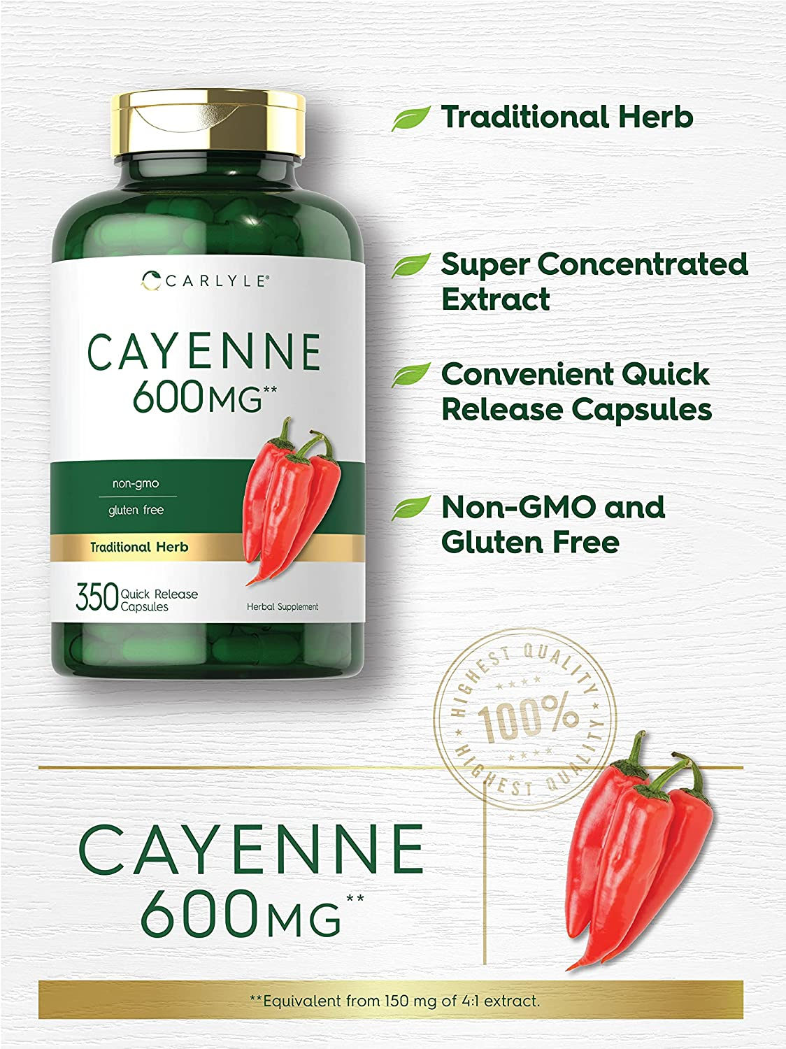 Cayenne Pepper Capsules 600Mg | 350 Pills | Non-Gmo, Gluten Free Supplement | by Carlyle