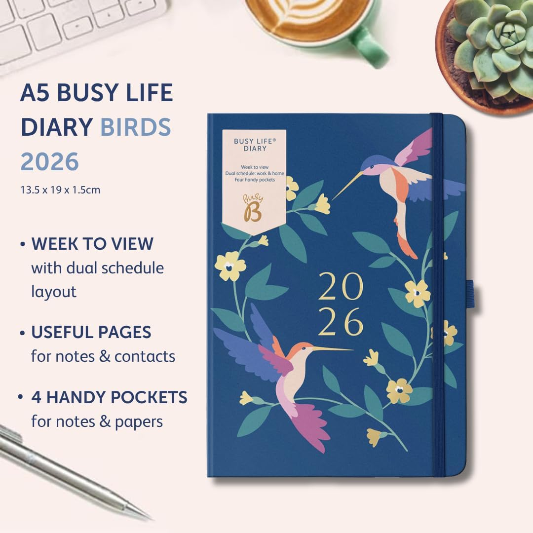 Busy B A5 2026 Diary - Busy Life Weekly Planner Journal &ndash; Life Diary for Students, Teachers, Work & More with Dual Schedules, Year Calendar, Pen Loop, Pockets & Elastic Closure Band - Birds Print image number 2
