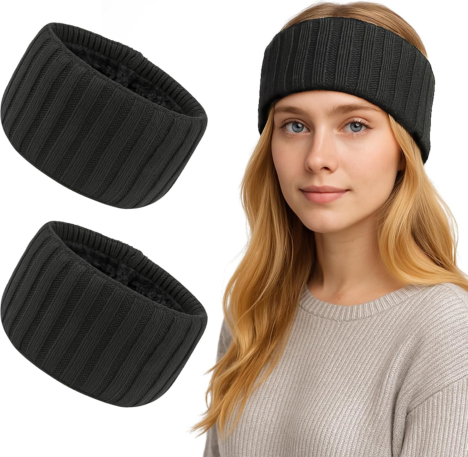 TOPTIE 2 Pcs Ear Muffs Headbands for Winter Women, White Knit Thick Ear Warmers Fleece Headband Lined Furry Cable Head Wrap