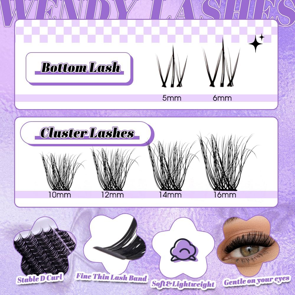 WENDY Lashes Clusters Multi-Type DIY Eyelash Extension - Lash Clusters 3D Effect C3 & Bottom Lashes, Black Cluster Eyelash Extensions Wispy Soft Individual Lashes Suitable for Beginners, 10-16 MM image number 3