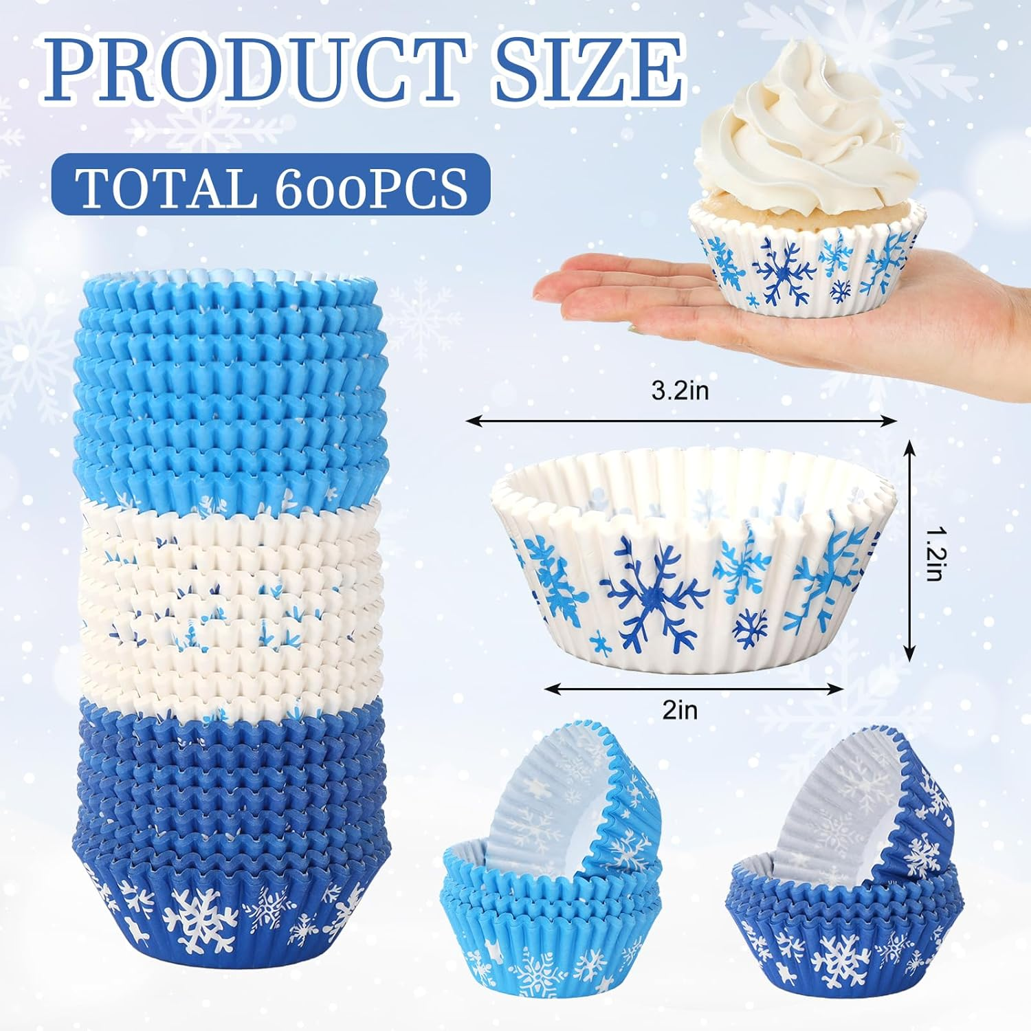Whaline 600Pcs Winter Cupcake Liner White Blue Snowflake Paper Cupcake Wrapper 3 Designs Disposable Christmas Muffin Baking Cup for Home Kitchen Party Supplies, 2 X 1.2 In image number 3