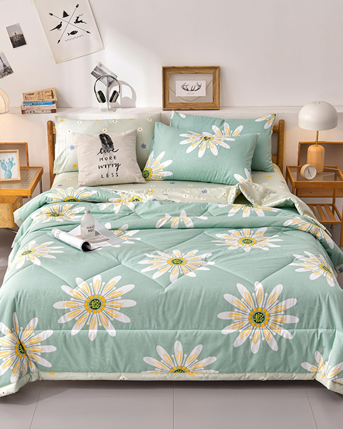 Chickwin Quilted Bedspread for Double Size, 200X230Cm Green Daisy Floral Printed Pattern Bedding Coverlets Lightweight Summer Bed Throws Comforter Soft Luxury Sofa Blanket for All Season image number 2
