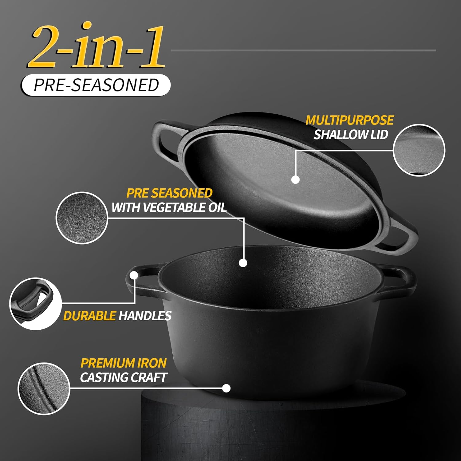 2-In-1 Pre-Seasoned Cast Iron Dutch Oven Pot with Skillet Lid Cooking Pan, Cast Iron Skillet Cookware Pan Set with Dual Handles Indoor Outdoor for Bread, Frying, Cooking, Baking,Camping,Bbq,5 QT image number 3