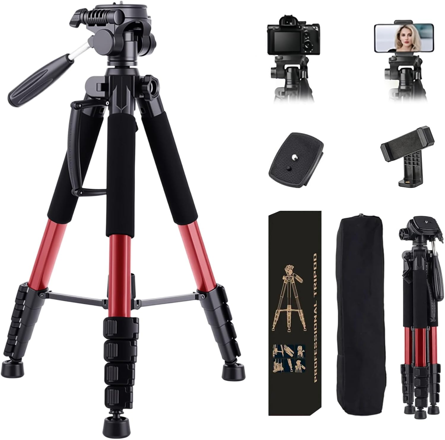 STEUGO 74"/188CM Camera Tripod Stand, Foldable Aluminum Tripod, 360&deg; Ball Head Detachable Camera Tripod, Spotting Scope Tripod with Carry Bag, Support Canon,Sony,Nikon,Dslr Camera, Cellphone (Black)