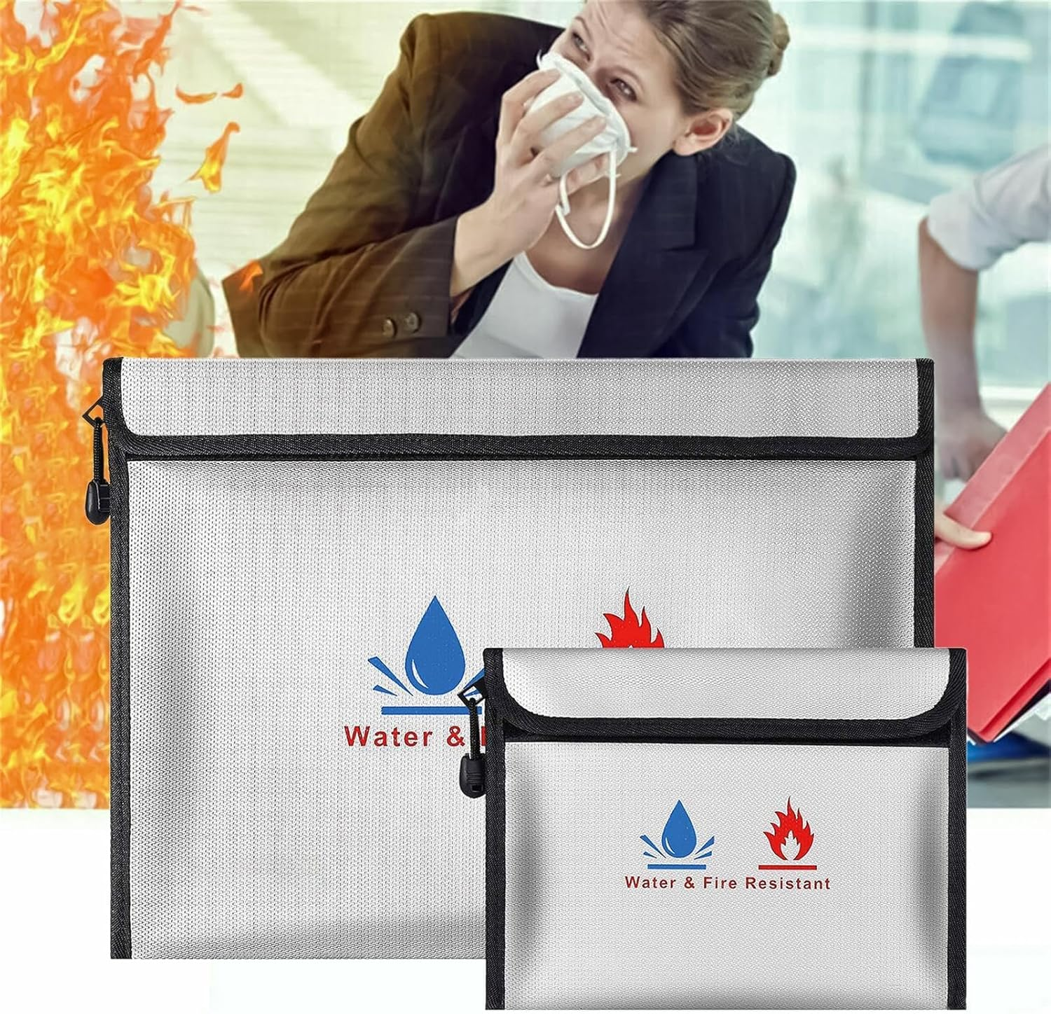 Wjnflqn, Fireproof Money Bag - Water Resistant File Folder with Zipper - 2 X Money Pockets, Money Holder for Cash, Jewellery, Valuables, Passport