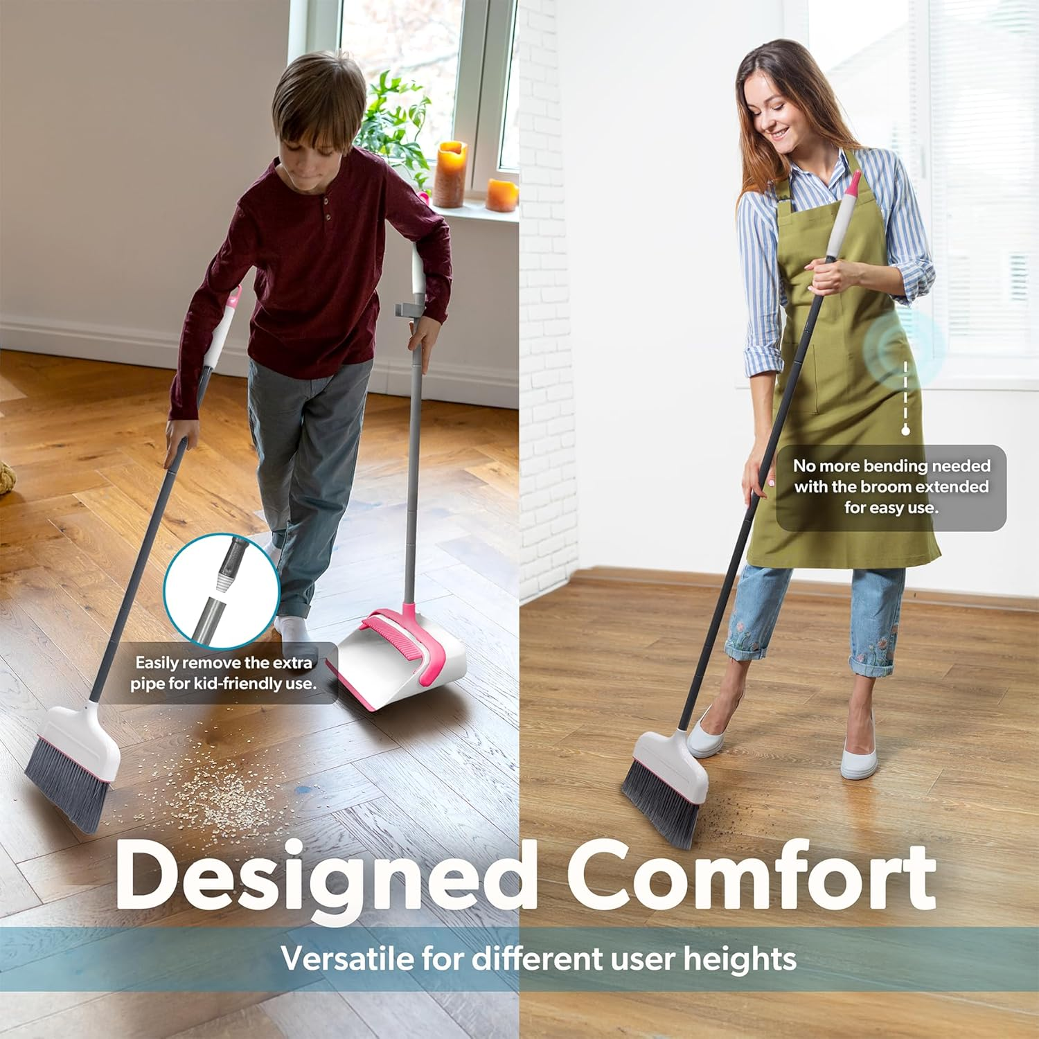 BLACK+DECKER Butler Broom & Dustpan Set - Stand-Up Design - Lightweight, Space-Saving Combo for Kitchen, Living Room, Bathroom, Lobby Floors - Home Cleaning Essential, White/Pink image number 3