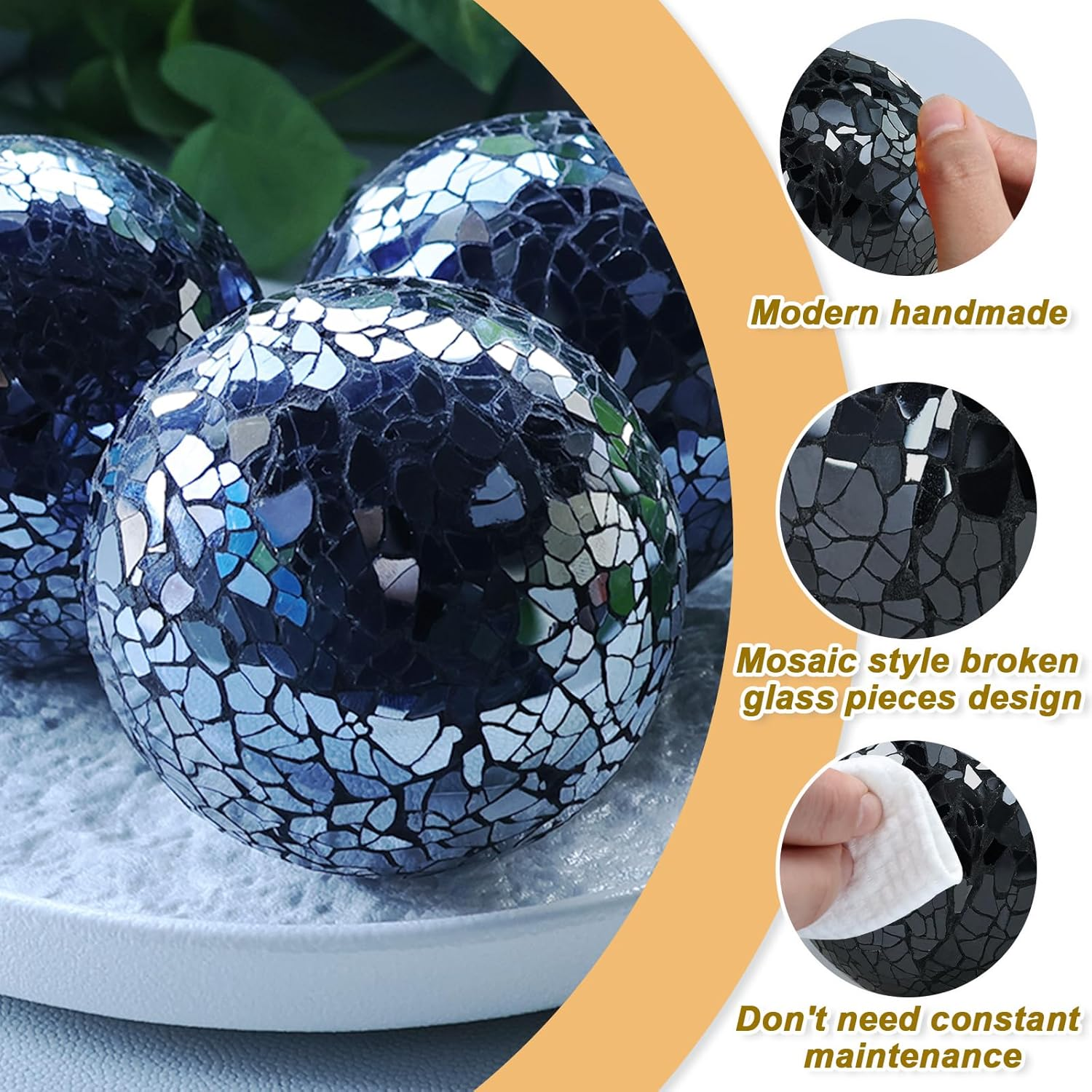 Decorative Balls for Centerpiece Bowls Black Mosaic Glass Orbs Sphere Crack Ball Mirror Globe Sparkle Coffee Table Decor Vase Filler Home Christmas 3 Pcs 8.5 Cm image number 6