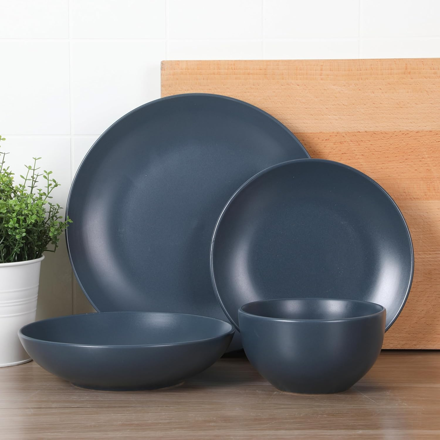 Gibson Home Queenslane 16 Piece Double Bowl Plates and Bowls Dinnerware Sets - Matte Blue image number 6