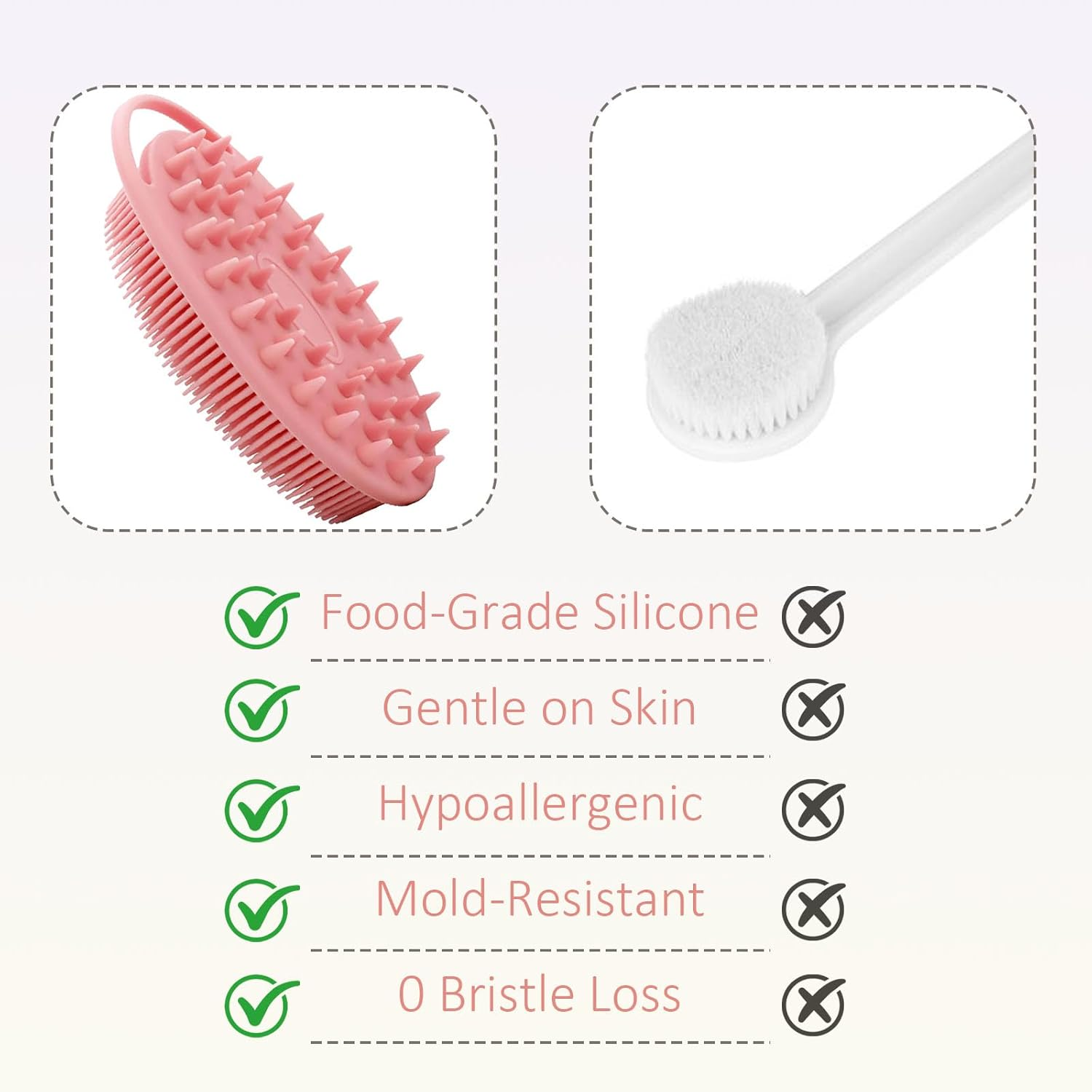 2-Pack Silicone Body Scrubber, 2-In-1 Bath Shampoo Body Brush, Soft Exfoliating Massage Loofah for All Skin Types，Double-Sided Design, Non-Slip Handle (Pink&Black)