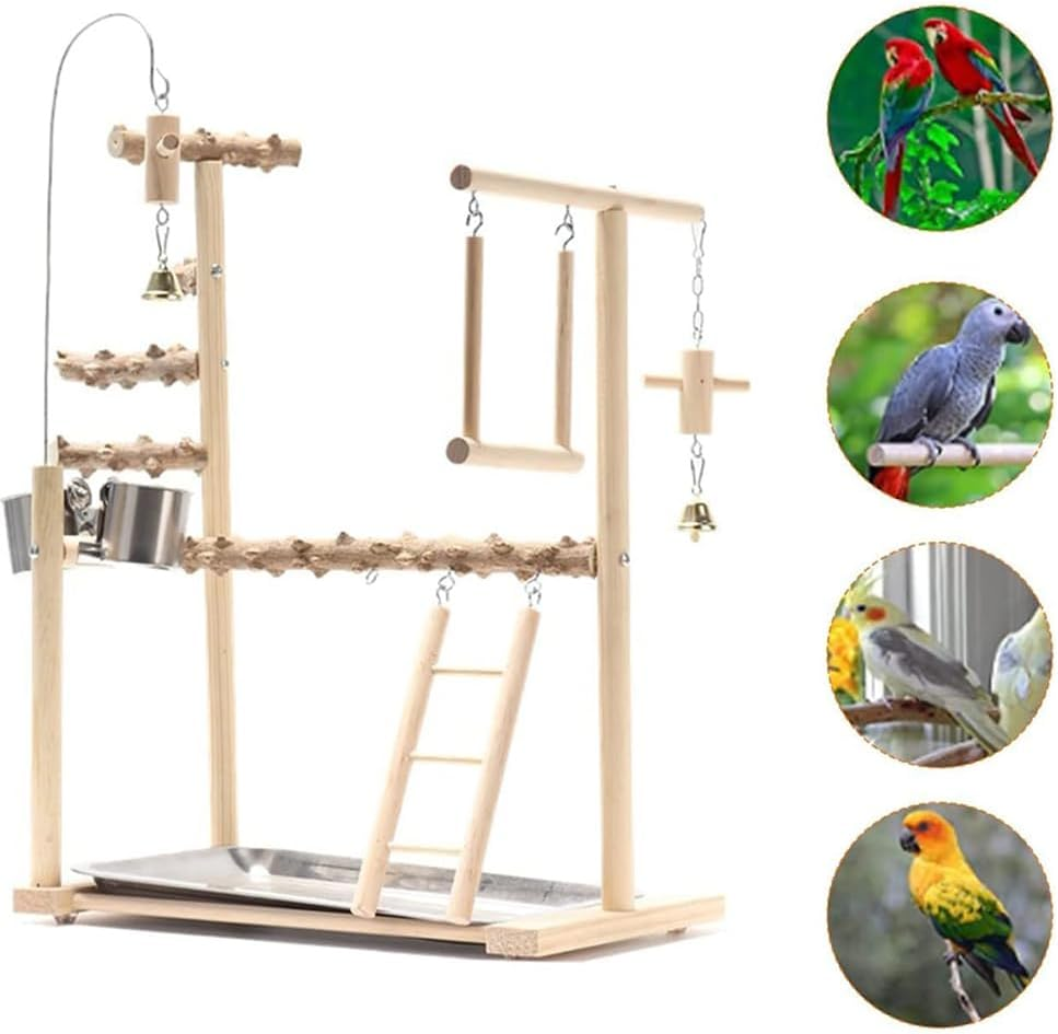 Bird Playground, Parrot Playstand with Wooden Perch, Ladder Feeder Cups and Hanging Bells Level Stand Ladder Cage Swings, Bird Toys Swing Exercise Life Activity Center Training Stand image number 5