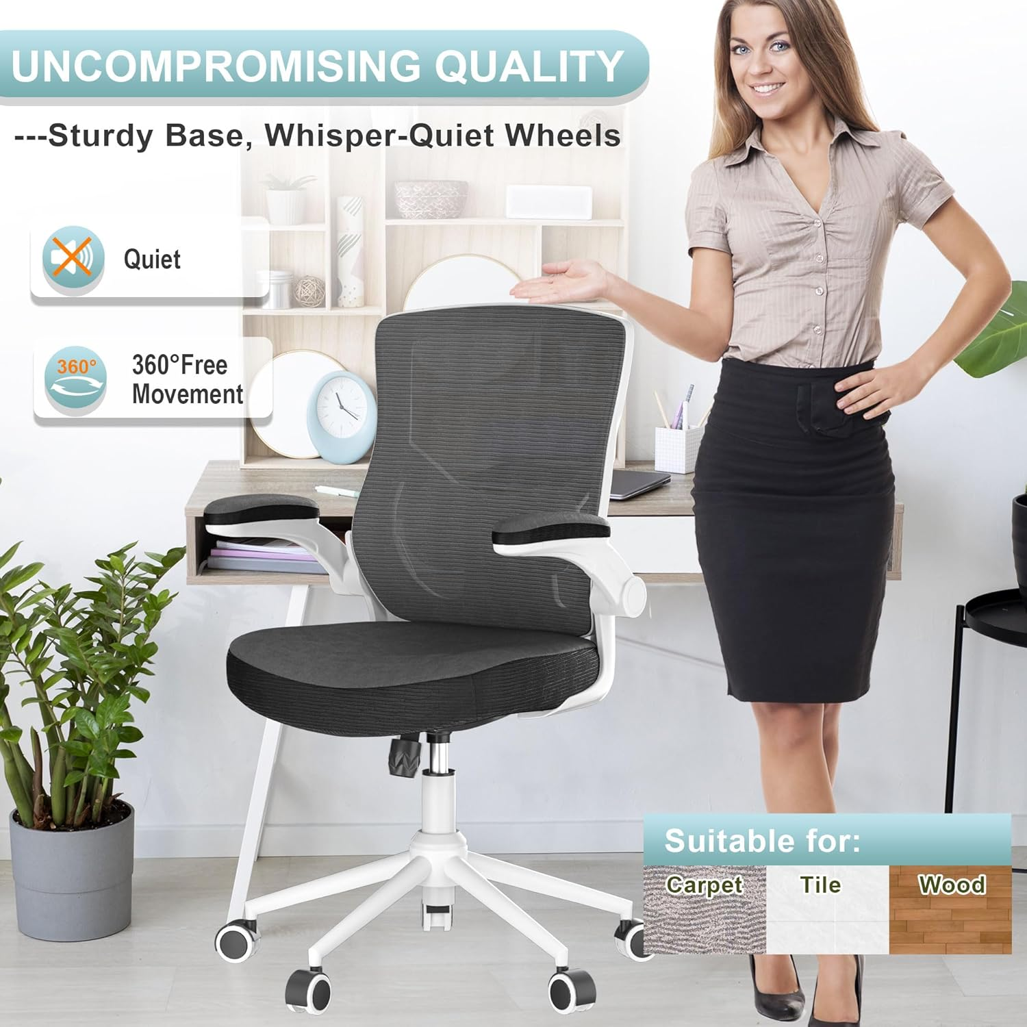 CYKOV Ergonomic Office Chair - Adjustable High Back Desk Chair with Lumbar Support, Flip-Up Armrests & Swivel Base for Home Office, Computer Desk, and Executive Workspaces (Modern, Black-White Frame) - Beige image number 5