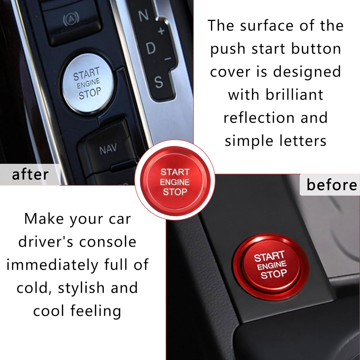 Car Push Start Button Cover for Audi Cool Aluminum Engine Start Button Cover with Metal Ring Car Decoration Car Accessories Interior Start Stop Button Cover (Red)