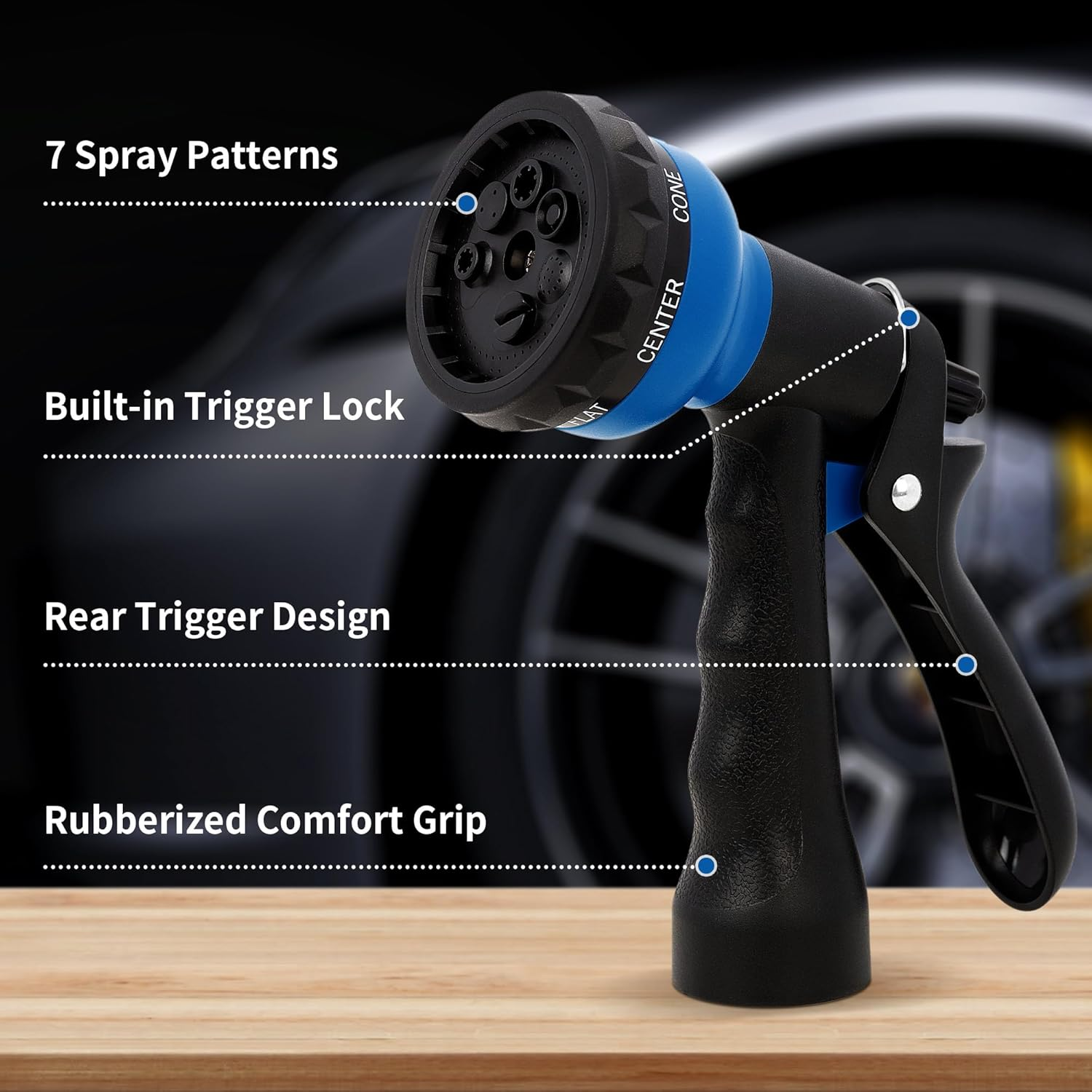 NEXCOVER Garden Hose Nozzle Sprayer - 7 Adjustable Watering Patterns for Water Hose, Non-Slip Spray for Car Washing, Watering Plants, Pets Showering, Lawns Cleaning, Blue - Orange image number 4