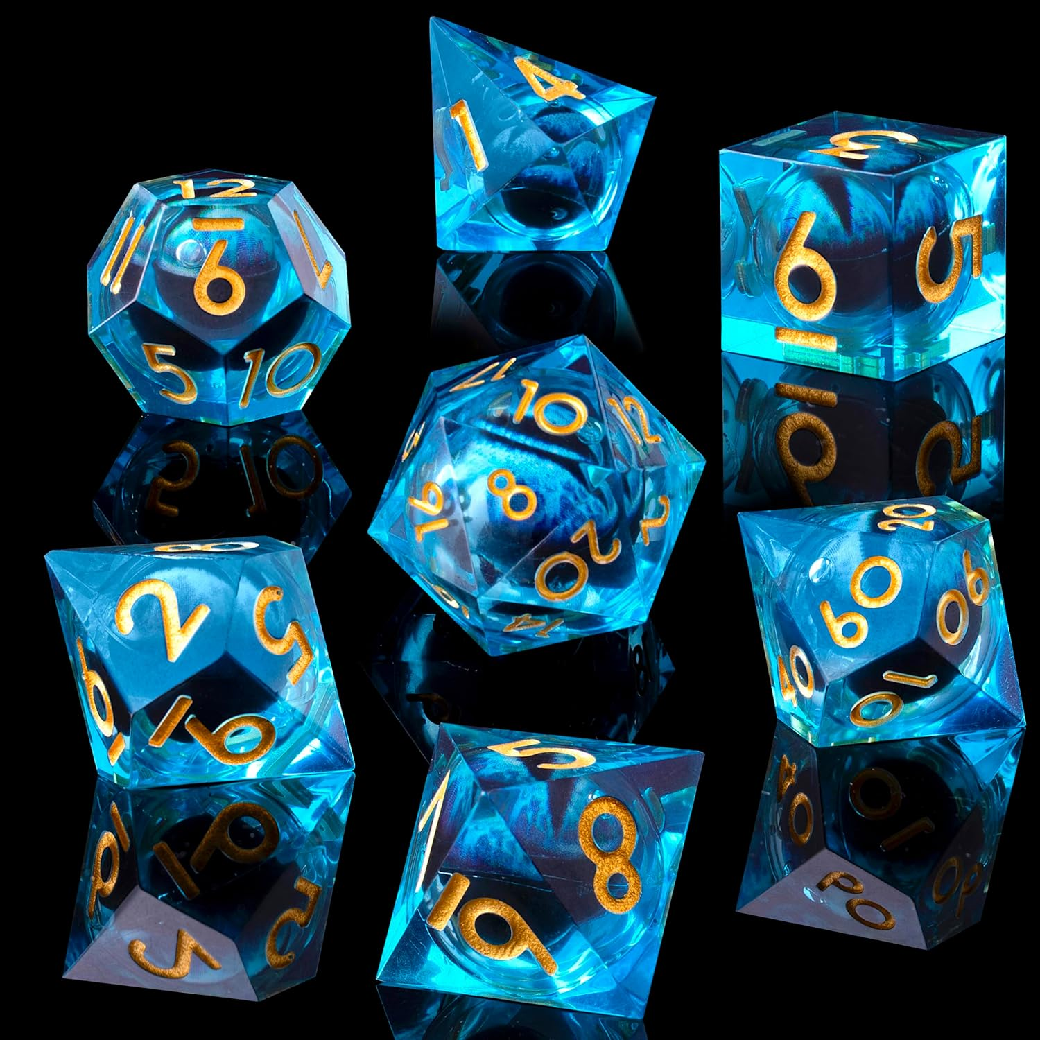 Beholder'S Dragon Eye DND Dice Set,Sharp Edge Liquid Core Resin Handmade Dice with Gift Box 7 PCS for Role Playing Dungeons and Dragons Ttrpg(Dark Green Dargon Eye)
