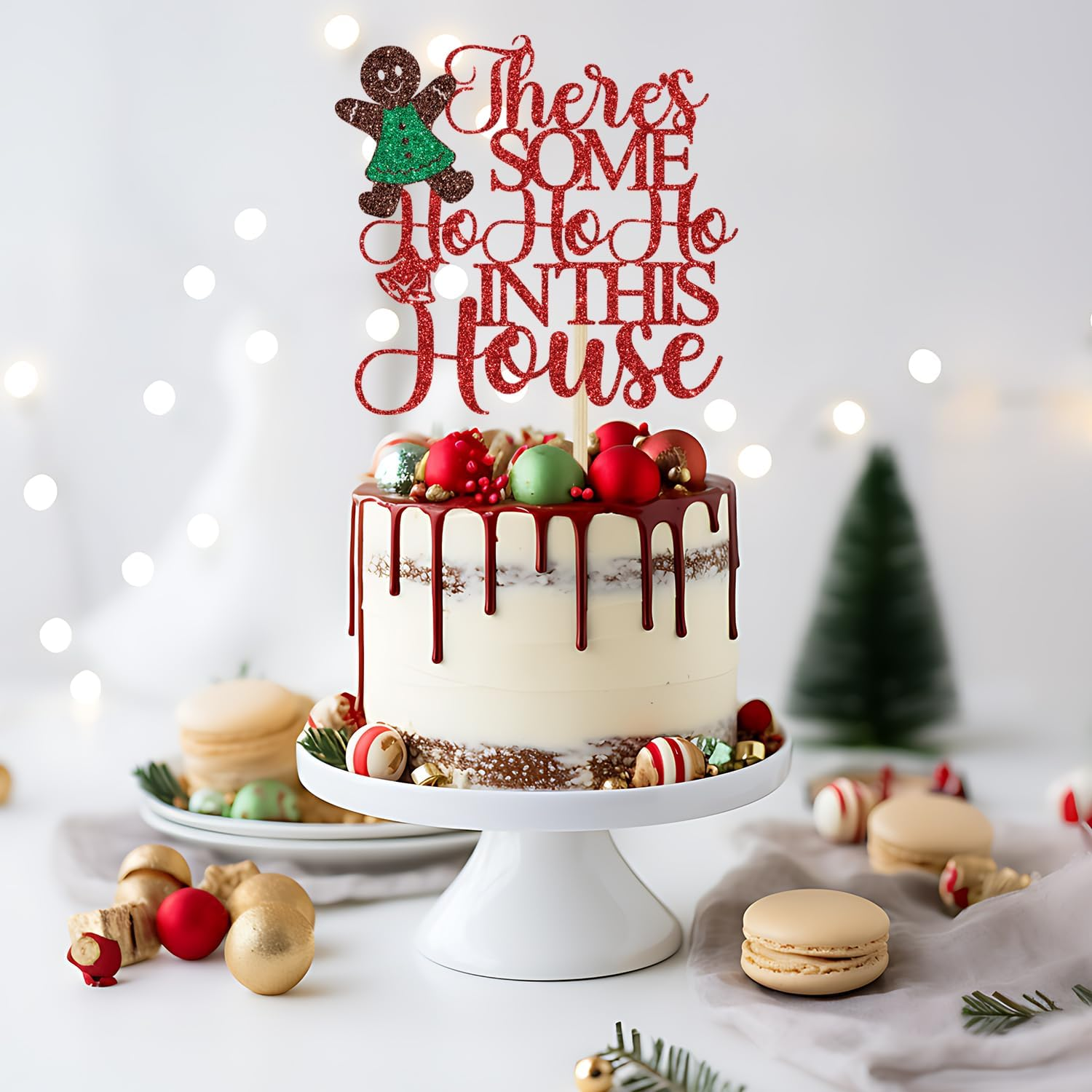 There'S Some Ho Ho Ho in This House Cake Topper, Xmas Holiday Cake Picks, Funny Christmas Cake Decorations, Christmas Party Decoration Supplies Red Glitter image number 6