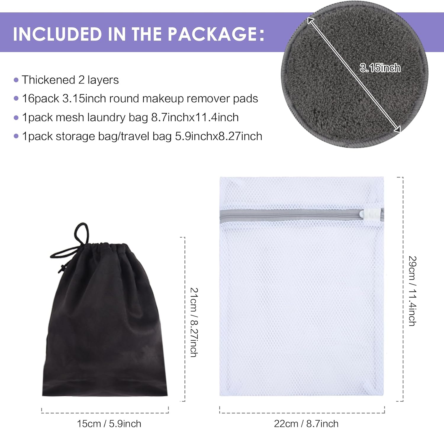 Sunland 16 Pack Reusable Makeup Remover Pads Microfiber Facial Cleansing Pads Washable Face Wipe Rounds with Laundry Bag Grey image number 5