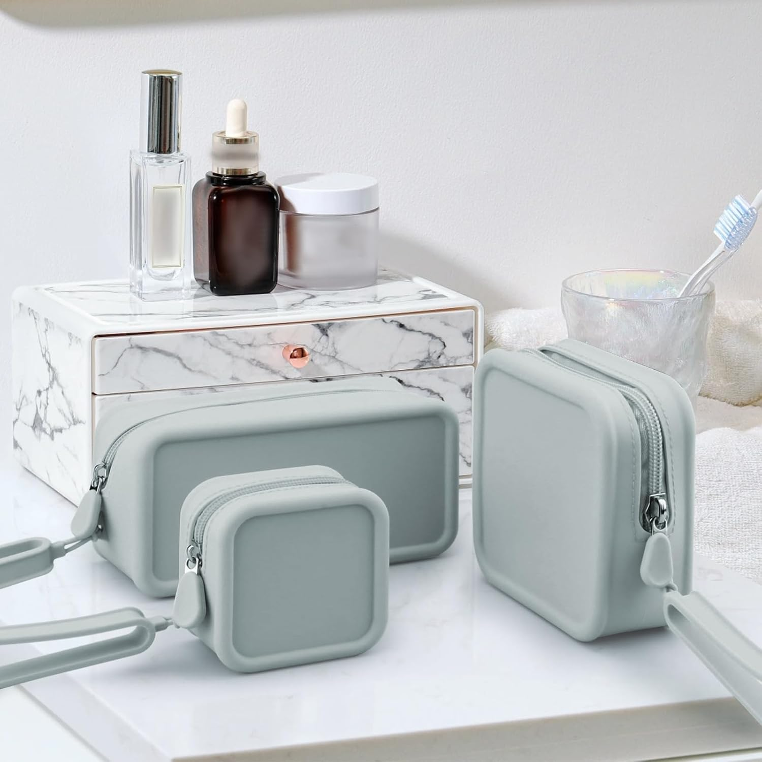 Diakey 3 Pack Silicone Makeup Bag, Soft Waterproof Travel Cosmetic Bag Make up Organizer Case with Hand Strap, Shatterproof Zipper Skincare Pouch Toiletry Bag for Women, Grey, Makeup Bag image number 3