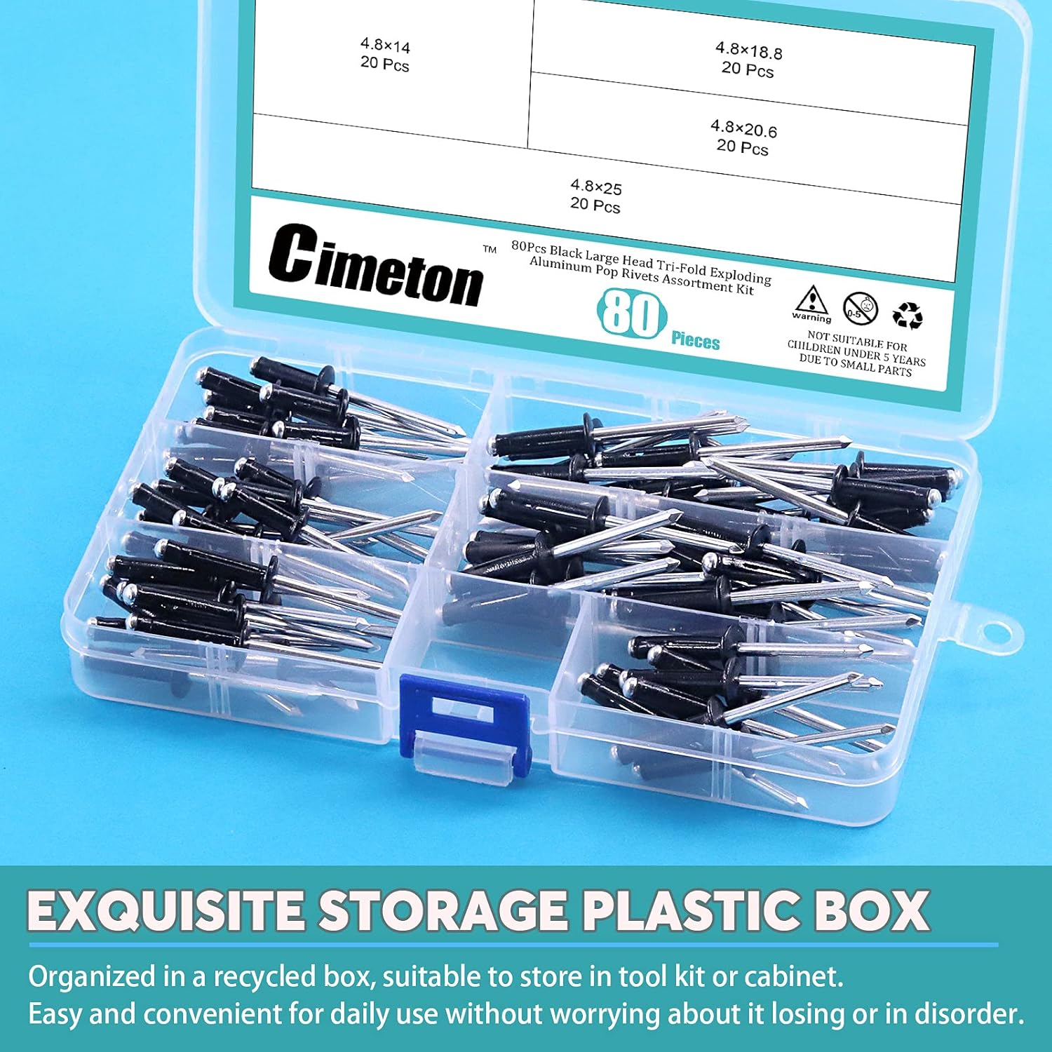 80Pcs 3/16" Long Grip Tri-Grip Rivets Tri-Fold Tri Bulb Long Pop Mounting Rivet Kit for Kayak and Boat Accessories