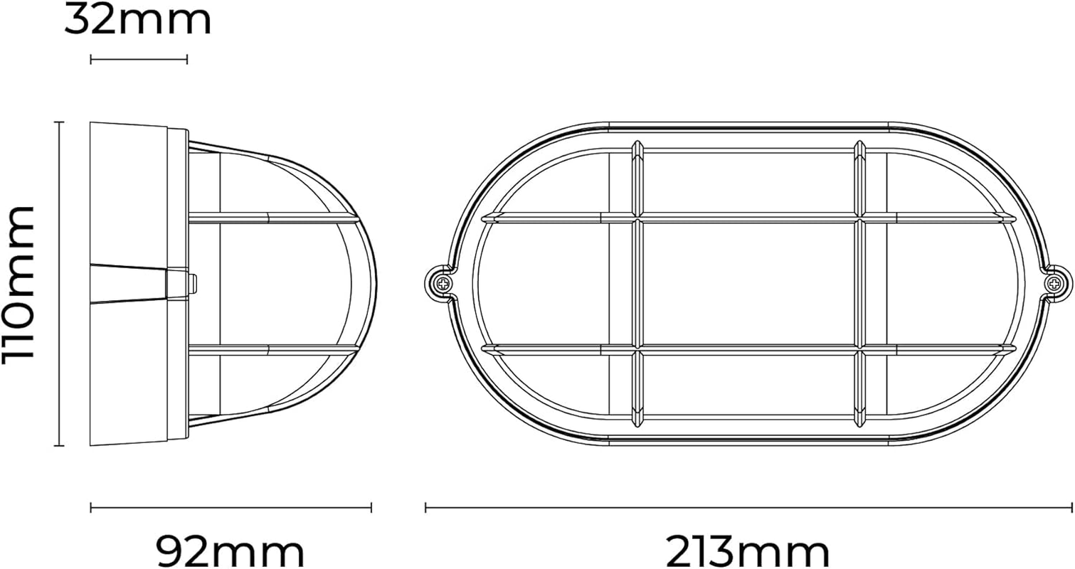 Lexi Lighting Rhelia Oval Caged Outdoor Bunker, Nautical Bulkhead Lighting, Black Aluminum Frame with Frost Glass, IP54 Wall/Ceiling Flush Mount Light Fixture for Porch, Basement, Hallway, Balcony image number 3