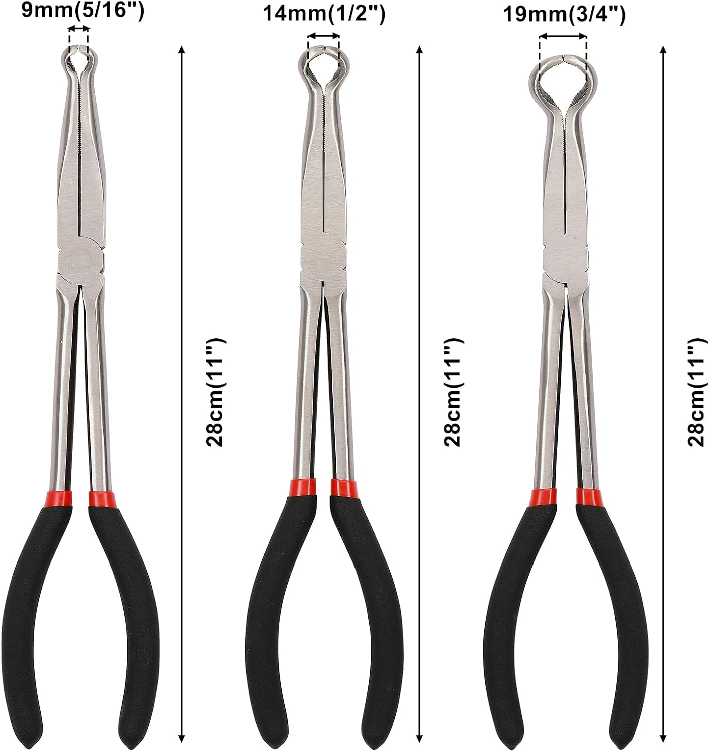 CASOMAN 3Pcs 11" Hose Gripper Plier Set, Black & Red, 5/16-Inch, 1/2-Inch, 3/4-Inch Dia, Offset Spark Plug Boot Removal Pliers Serrated Jaws for Hard to Reach Narrow Spaces image number 1