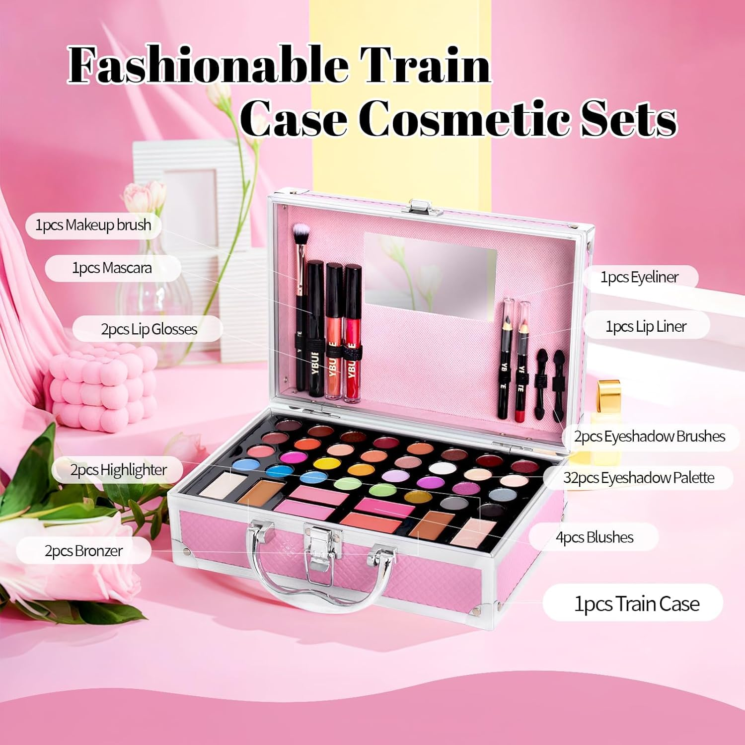 Beginner Makeup Kit for Teen,Makeup Set for Girl Women,Beginner Makeup Kit with Cosmetic Train Case Included 32 Colors Eyeshadow Blush Contour Lip Gloss Lip Liner Mascara Eyeliner Mirror - (Pink) image number 2