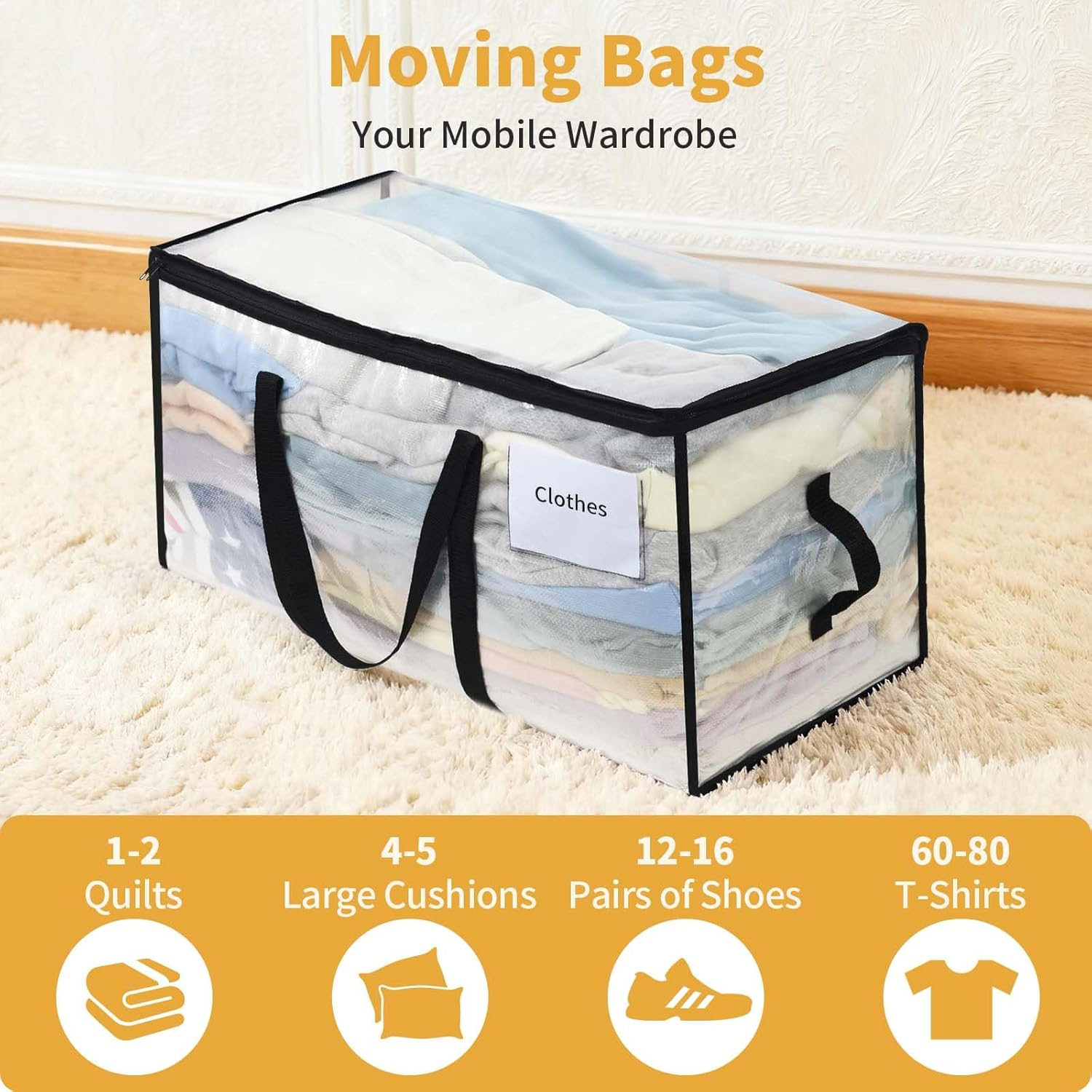 Otraki Pack of 4 Storage Bags with Lid, Large Moving Bags with Zip, Foldable Moving Boxes for Clothes Storage, Moving Boxes for Camping, Bedding Organisation image number 2