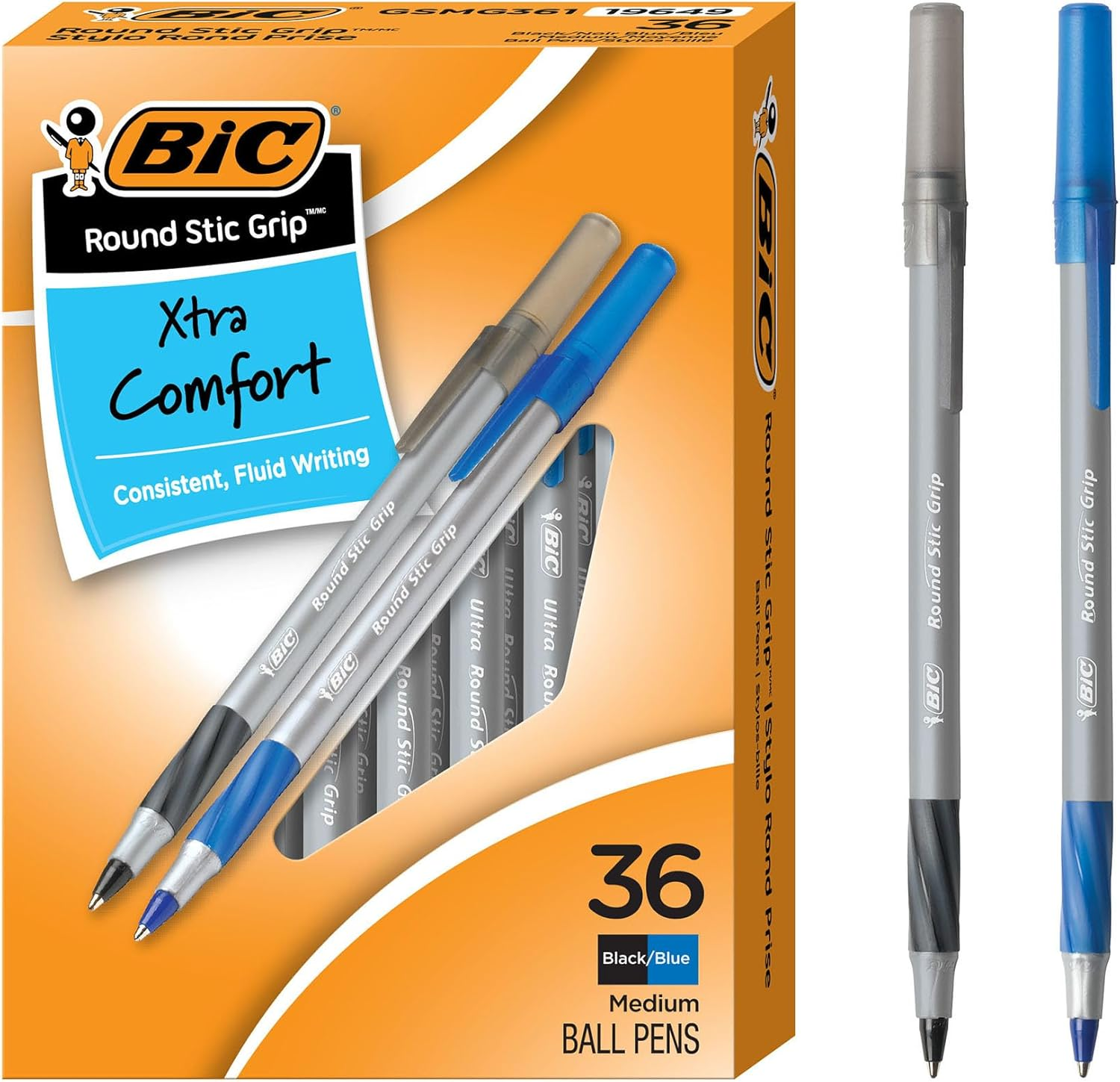 BIC round Stic Grip Xtra Comfort Ball Pen, Medium (1.2 Mm), Black, 12-Count