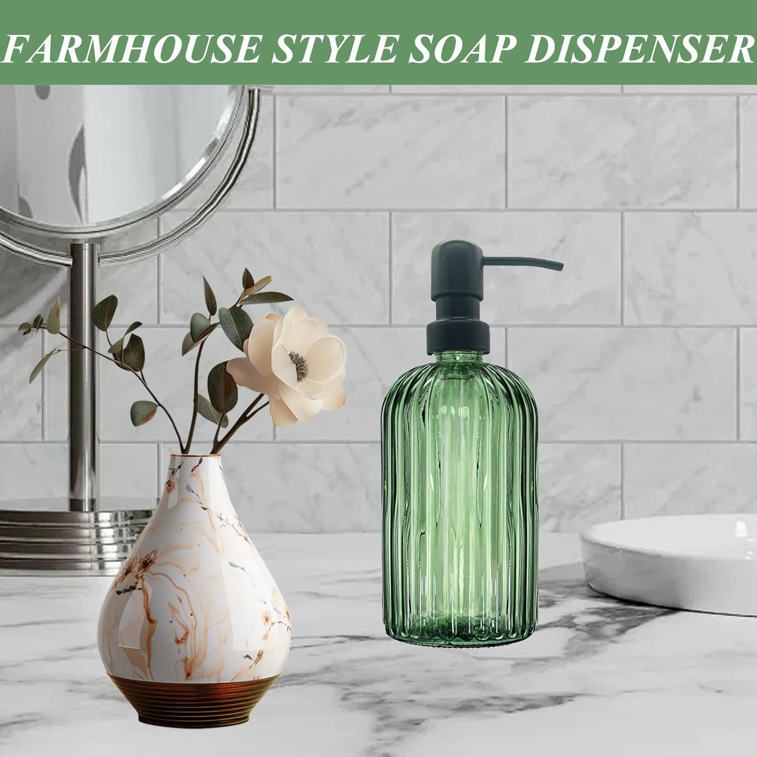 13.5Oz Green Glass Soap Dispenser Bathroom with Black Rust Proof Stainless Steel Pump, Clear Liquid Lotion Bottles Refillable Dish Dispensers with Vertical Stripe, Hand Dish Dispenser for Kitchen image number 5
