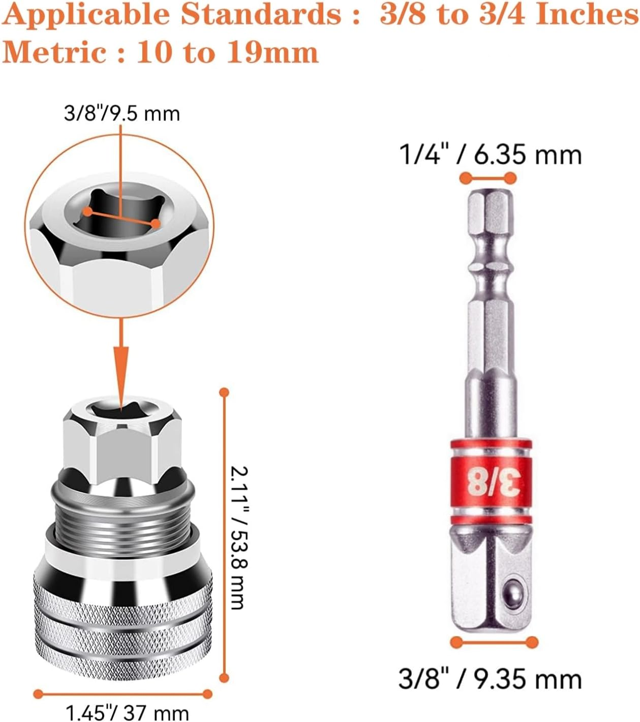 Gesuche Universal Adjustable Socket Wrench with Adapter, 10-19Mm, 3/8''-3/4'' Ratchet Wrench, Updated Adjustable Drive Socket Wrench Sleeve for 3/8" Drive Ratchet Torque Wrench and Power Drill image number 1