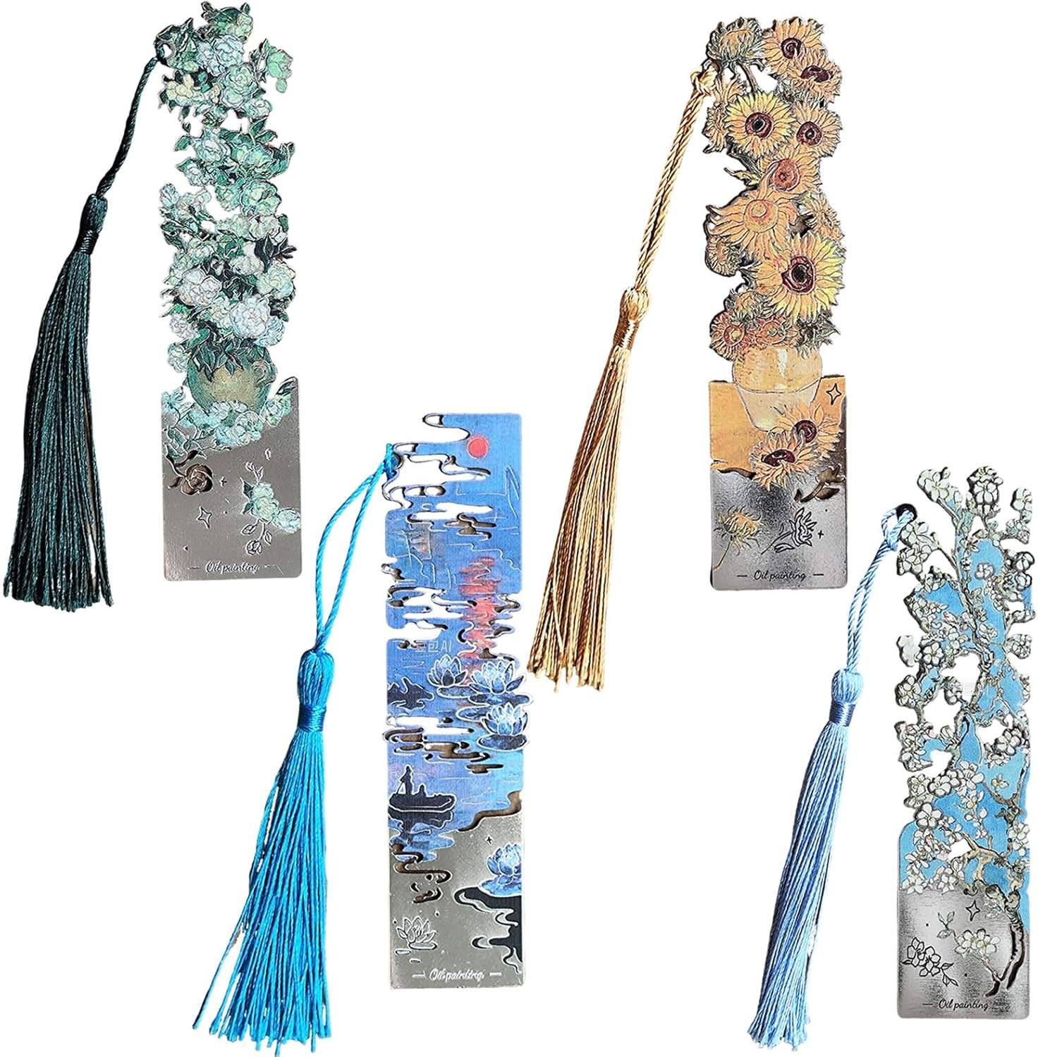 4 PCS Metal Bookmarks with Tassel for Reading Women, 4 Pretty and Beautiful Retro Floral Flower Oil Painting Design Book Page Markers for Reading image number 4