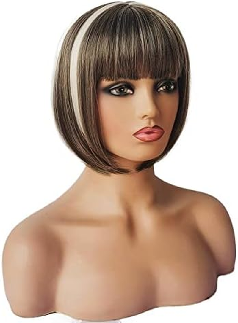 AUBWIG Brown Mixed White Bob Wigs Classic Short Bob Short Straight Wig with Fringe Heat Resistant Synthetic Wigs (Brown Mixed White)