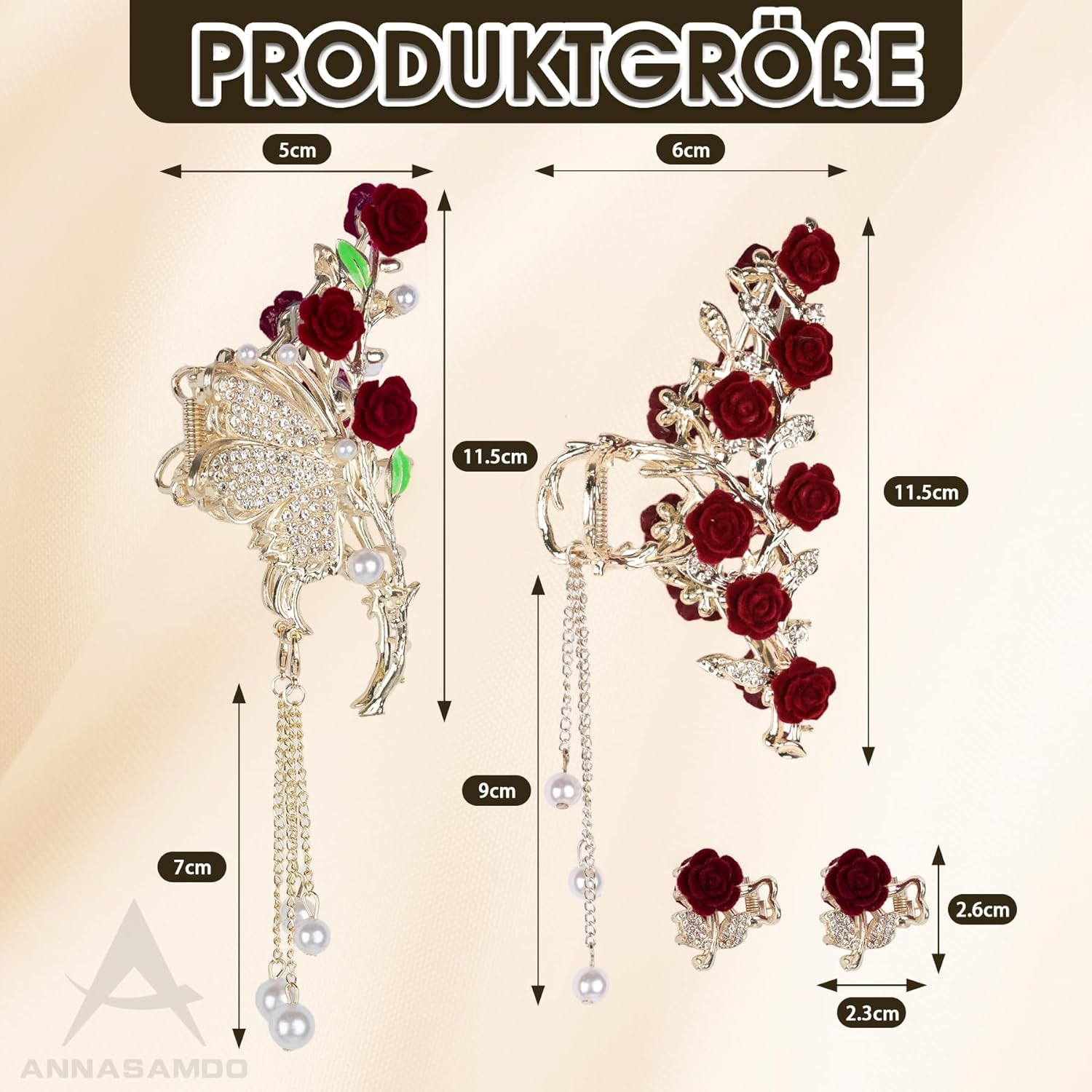 ANNASAMDO Pack of 4 Rose Flower Hair Clips Butterfly Large and Small with Tassel for Women Accessories image number 4