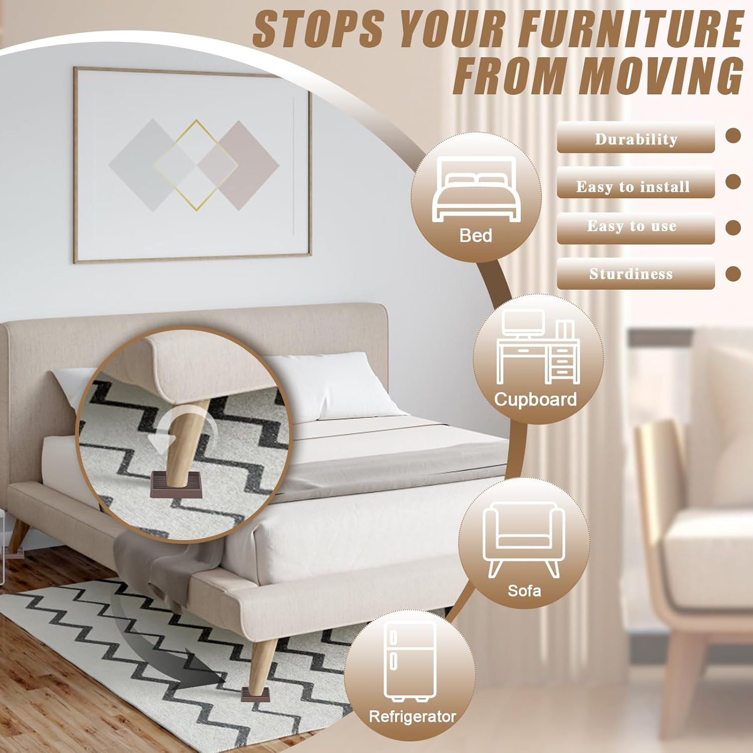 4 Pieces Furniture Coasters, Non Slip Furniture Pads for Hardwood Floors, Bed Stoppers to Prevent Sliding, Rubber Stoppers for Furniture (Brown, 2X2 Inches) image number 4
