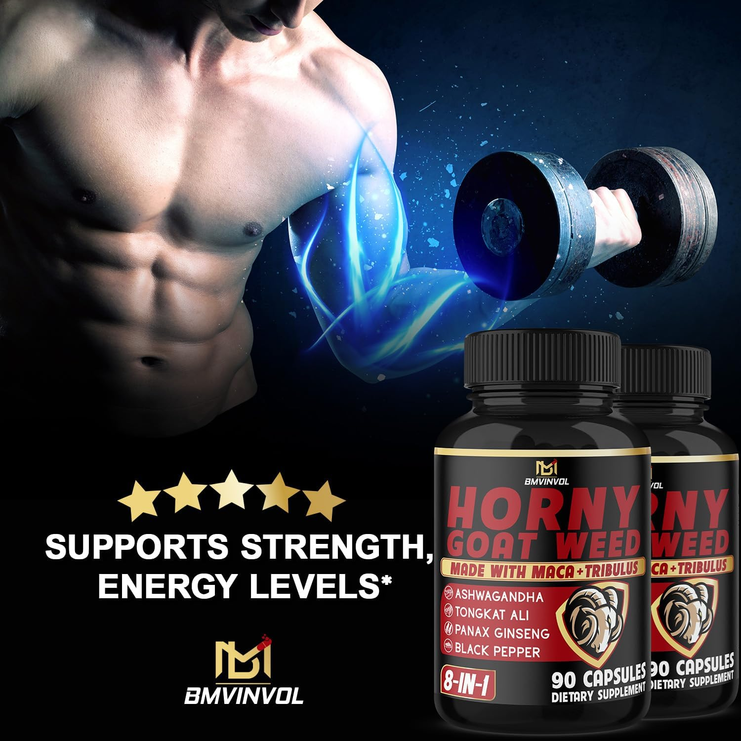 BMVINVOL 2Packs Horny Goat Weed Capsules - 180 Capsules for 6 Month Supply - Maca, Ginseng, Tribulus Terrestris, Ashwagandha image number 2