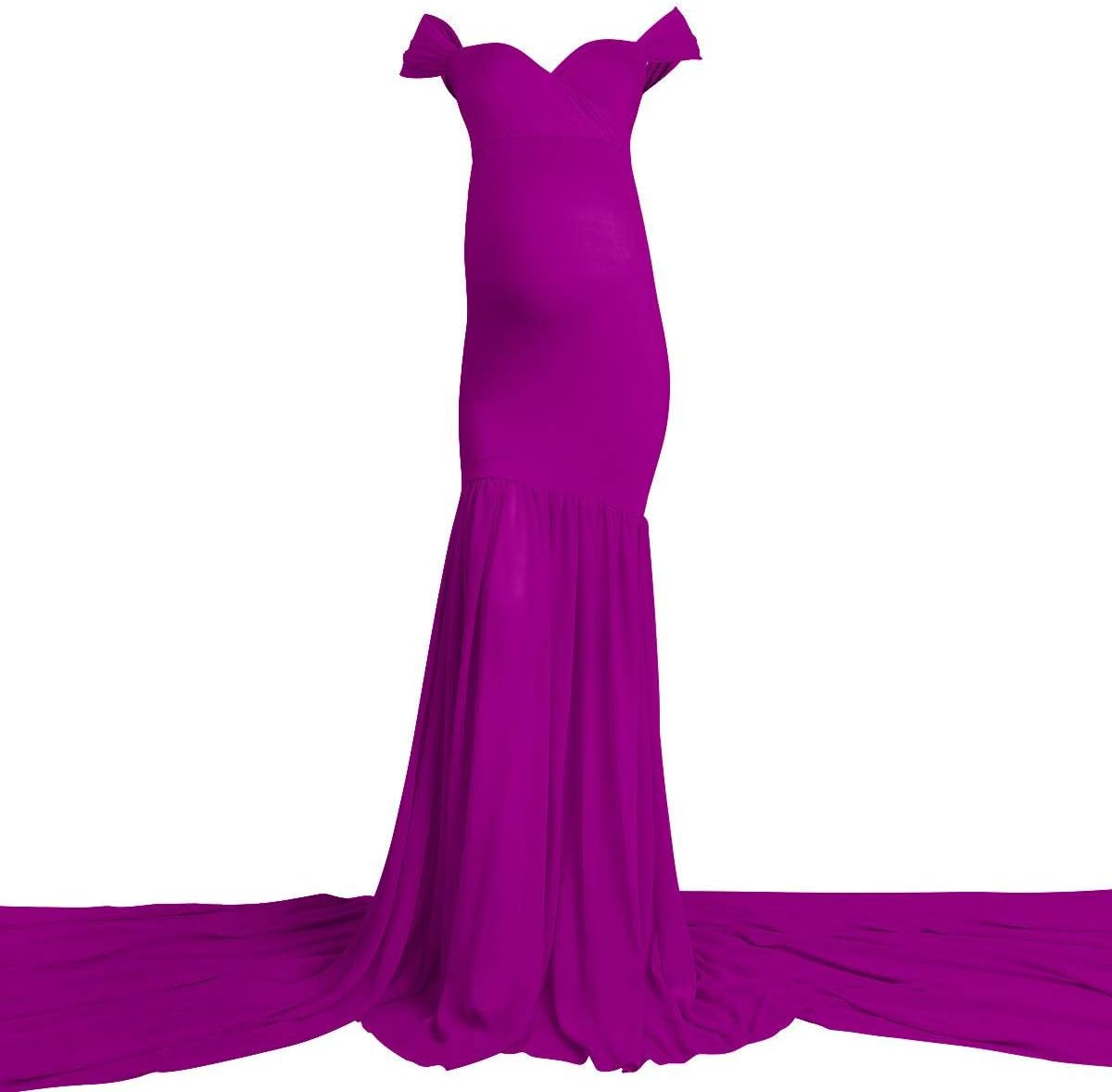 IWEMEK Women Maternity Dress for Photography Mermaid off Shoulder Slim Fitted Chiffon Gown Flowy Baby Shower Maxi Photo Props Dress image number 4