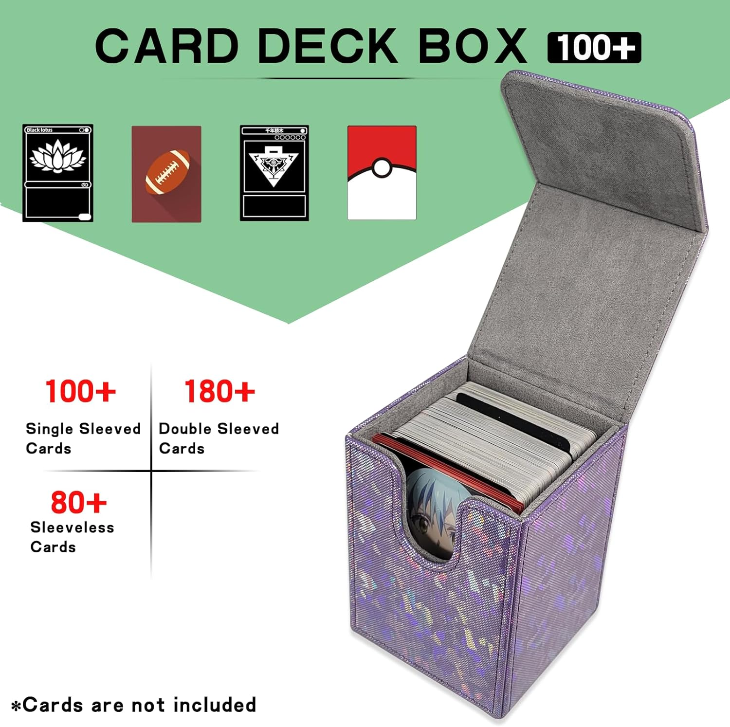 Dmoicols Sparkly Card Deck Box Holds 100+ Single Sleeved Cards,Leather Card Storage Case,Mtg Commander Deck Box with 2 Dividers Fit TCG CCG Magic Cards Vertical (Sparkly Purple Piece)
