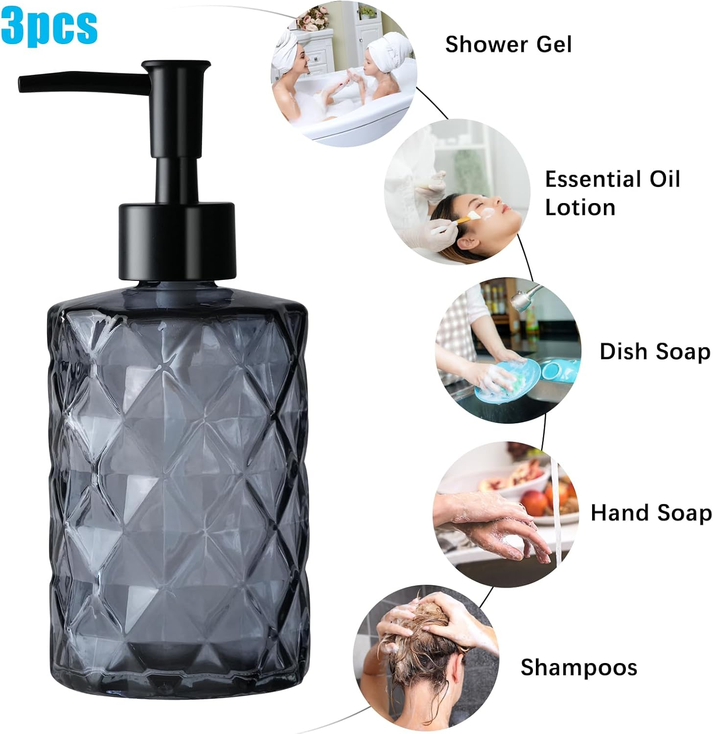 3Pcs 11Oz Glass Soap Dispenser with Plastic Pump, Diamond Design Kitchen Bathroom Soap Dispenser, Refillable Liquid Glass Soap Dispenser for Hand Soap, Soap, Lotion (Black) image number 4