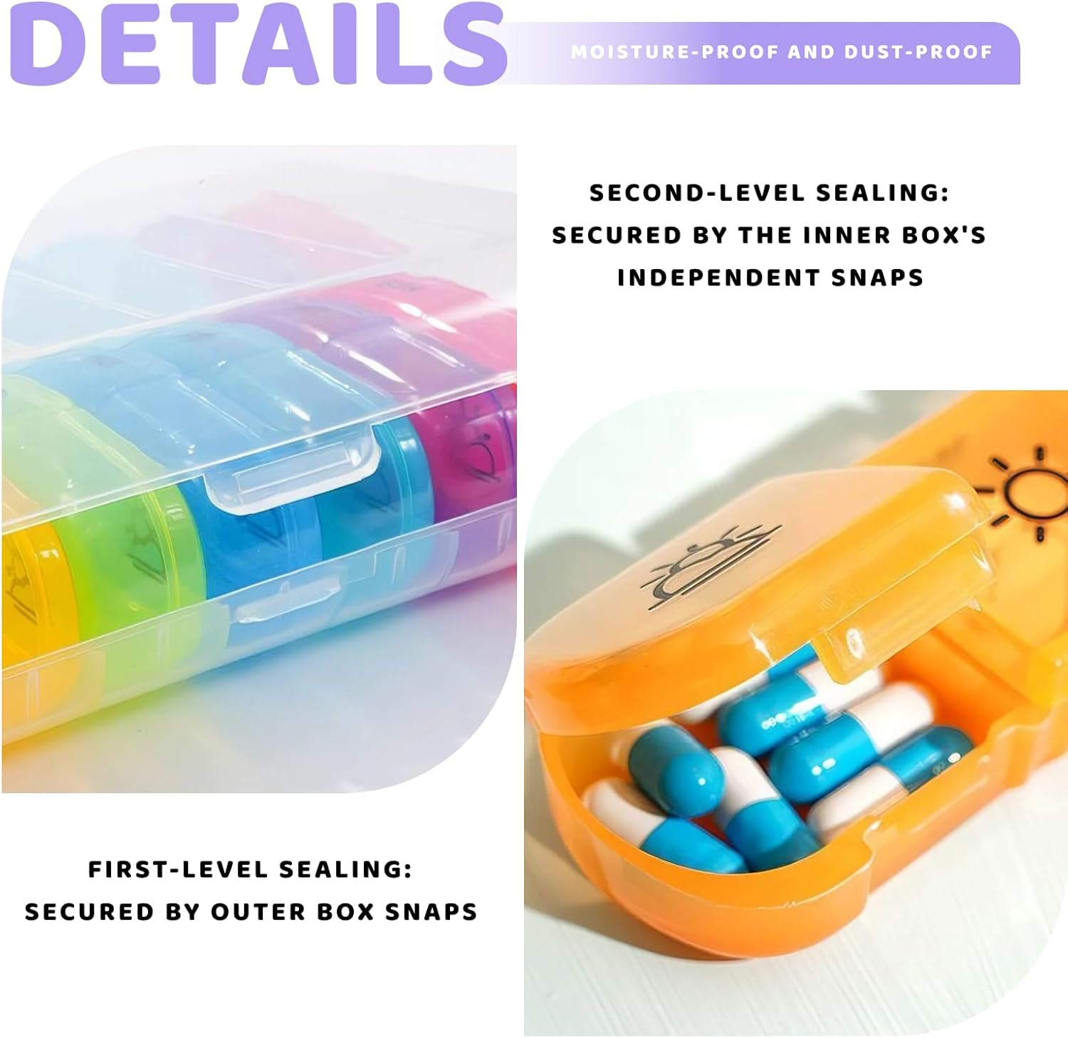 Weekly Pill Organizer 3 Times a Day, Large Capacity AM NOON PM Pill Box for 7 Days, Spill Proof with Double Lock, Used for Storing Drugs, Vitamins, Supplements, and Fish Oil Supplements(Clear Rainbow) image number 1