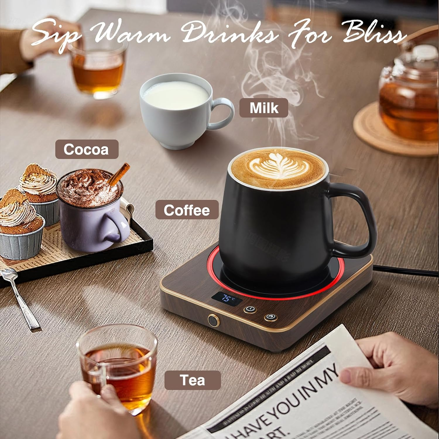 Suewow Mug Warmer,Coffee Mug Warmer for Desk with Temperature Display, 1-12Hrs Auto Shut Off, Smart Candle Warmer - Ideal Coffee Gifts Accessories Keep Beverages Coffee Warmer