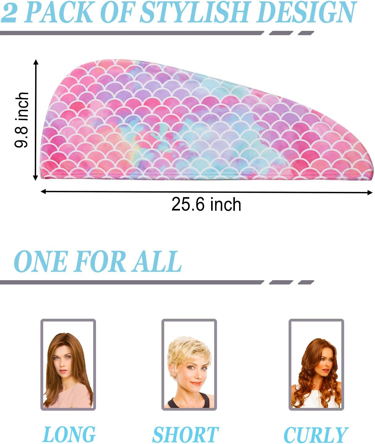 ELLEWIN Microfiber Hair Towel Wrap for Kids Girls 2 Pack Turban Drying Women Set Absorbent Quick Dry Twisty anti Frizz Curly Long Thick (Mermaid) Galaxy&Multicolor-Normal-2Pack One Size - Galaxymulticolor-Normal-2Pack image number 4