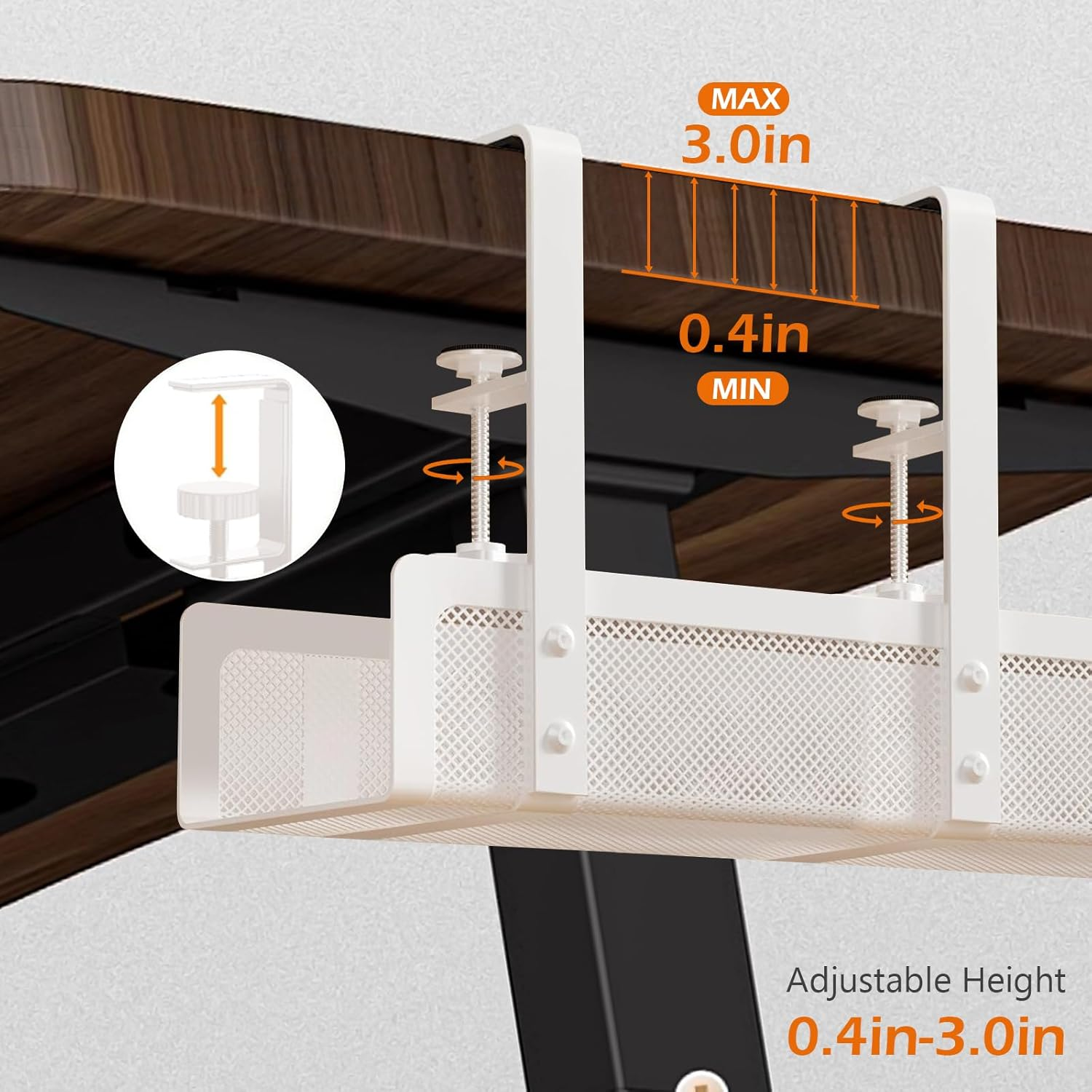 Under Desk Cable Management Tray, 27.6In No Drill Cable Tray, Desk Cable Management Box with Clamp for Desk, under Desk Storage for Office Home, White image number 4