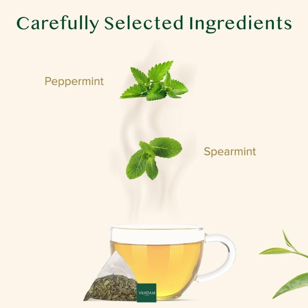 VAHDAM, Pure Mint Herbal Tea (15 Sachets of Pyramid-Mint Tea) 100% Natural Ingredients - Peppermint, Green Mint | Caffeine-Free Herbal Tea Bags image number 1