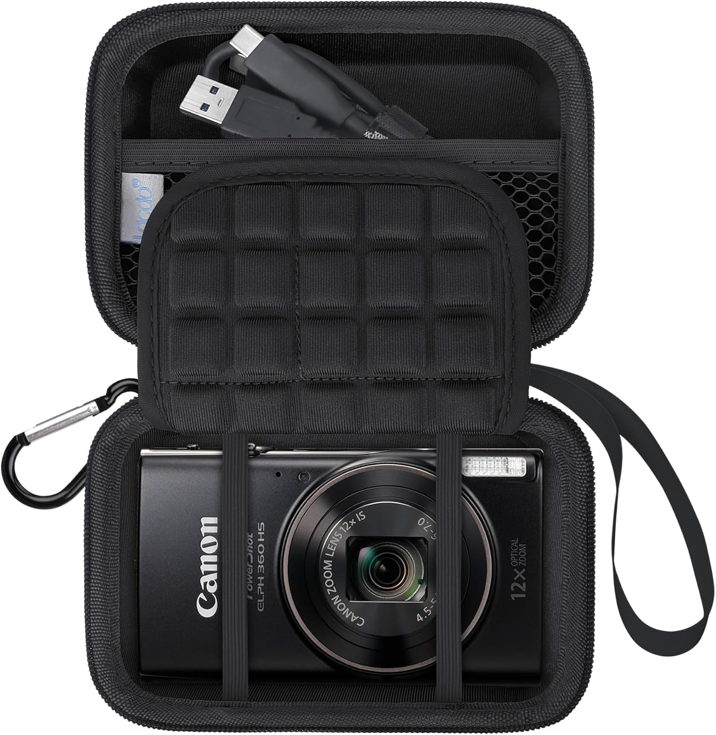 Lacdo Camera Carrying Case for Canon Powershot ELPH 360/200/185/180/190/350, Sony Cyber-Shot DSC-W830/WX350/WX500/W810/W800 Digital Camera, Hard EVA Protective Storage Trave Bag, Black+Black