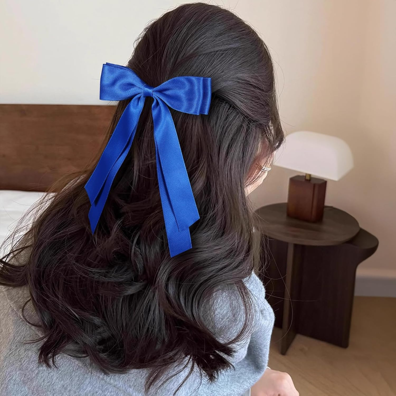 Large Hair Bows Alligator Clip Satin Ribbon Ponytail Hair Barrettes with Long Tail Wedding Dress Decor Accessories for Women (Royal Blue, 12.5 * 20CM) image number 1