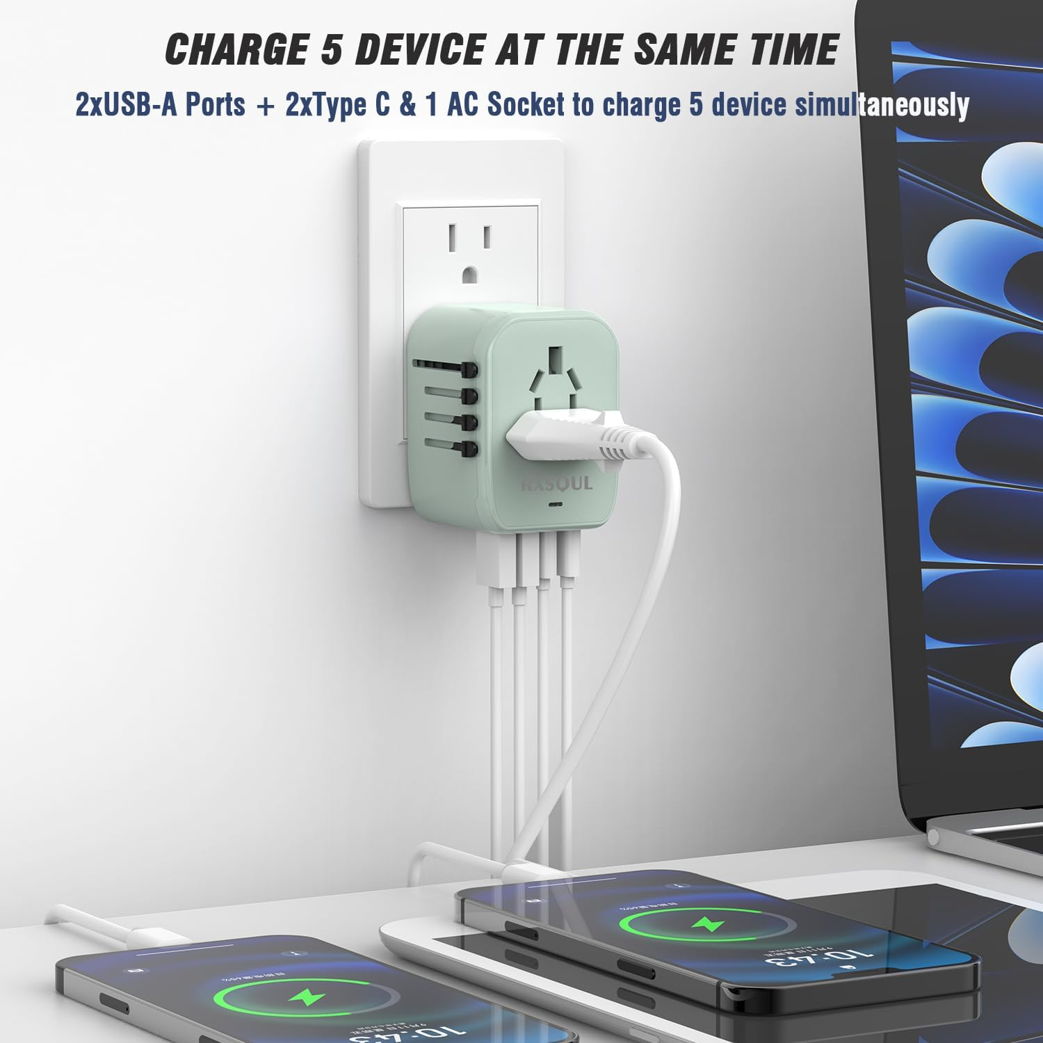 Universal International Power Travel Plug Adapter, 5 in 1 European Travel Plug Adapter W/ 3.5A 2Xusb-A and 2Xusb C Wall Charger and Worldwide AC Outlet for Europe USA Japan UK AUS Asia-Green image number 6