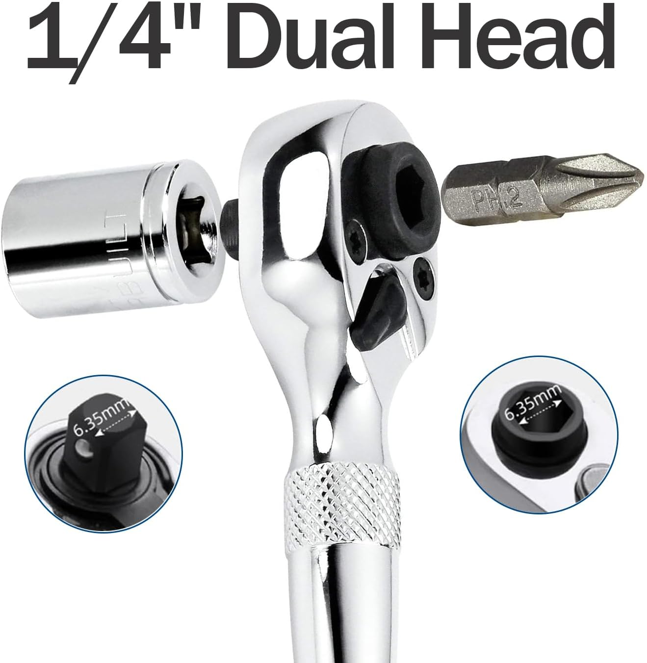 Bestgle Stubby Ratchet Wrench, Small Mini Ratchet Socket Wrench Quick-Release 1/4 Inch Dual Socket and Bit Driver Head Ratcheting Wrench Spanner with Reversible Switch for Tight Space image number 6