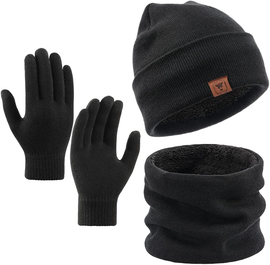 OZERO Winter Beanie Gloves Scarf Set Men and Women Scarf Gloves Set Winter Warm Knitted Beanie and Touch Screen Gloves(Black 3 Pieces)