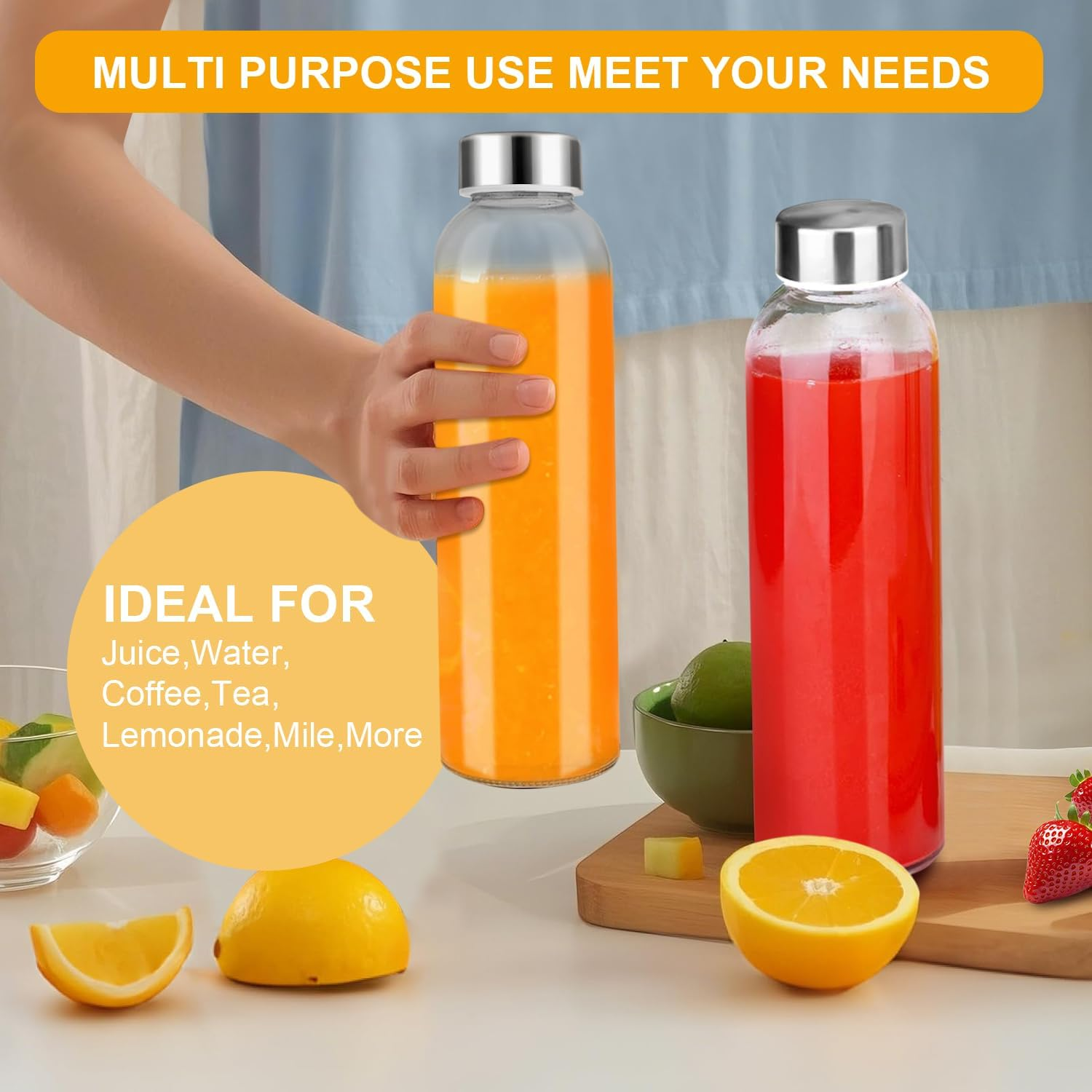 Acesvuit Glass Juice Bottles with Lids, 16Oz Glass Water Bottles, Juice Bottles for Juicing, Smoothies, Infused Water, Beverage Storage,With Stainless Steel Airtight Cap for Refrigerator (6Pcs) image number 4