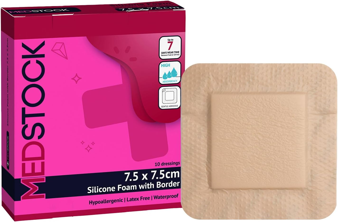 MEDSTOCK Silicone Foam Dressing with Border, 10CM X 10CM, 10 Count, Wound Care, Super Absorbent, Atraumatic Removal, Five Layers, Waterproof, Seals Wound Edges, No Adhesion Loss image number 3